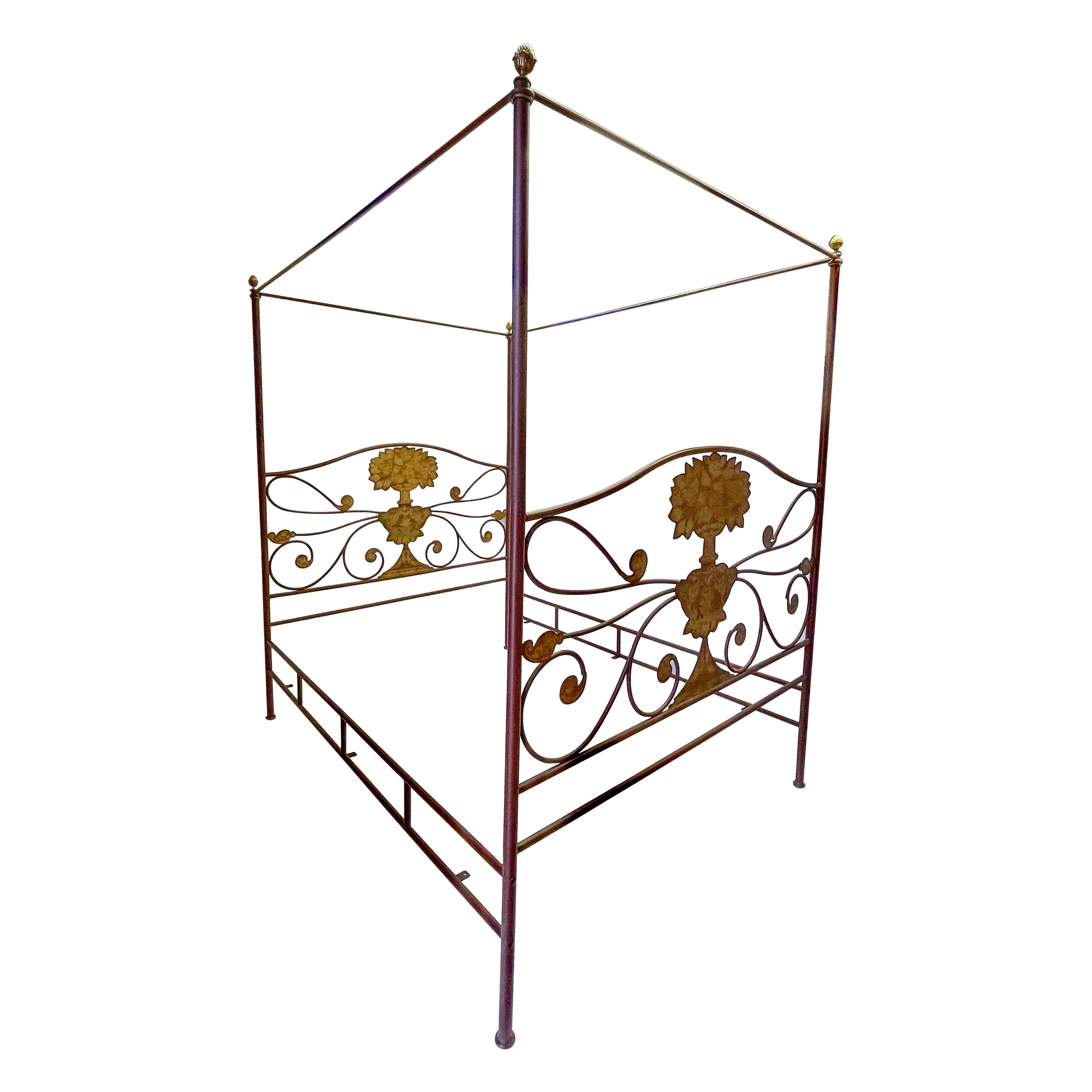 Neo-Classical Style Tole Painted Metal Framed Four Poster Bed, Queen
