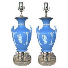 Neo-Classical Style Wedgwood Pottery Blue & White Basalt Table Lamps - Pair