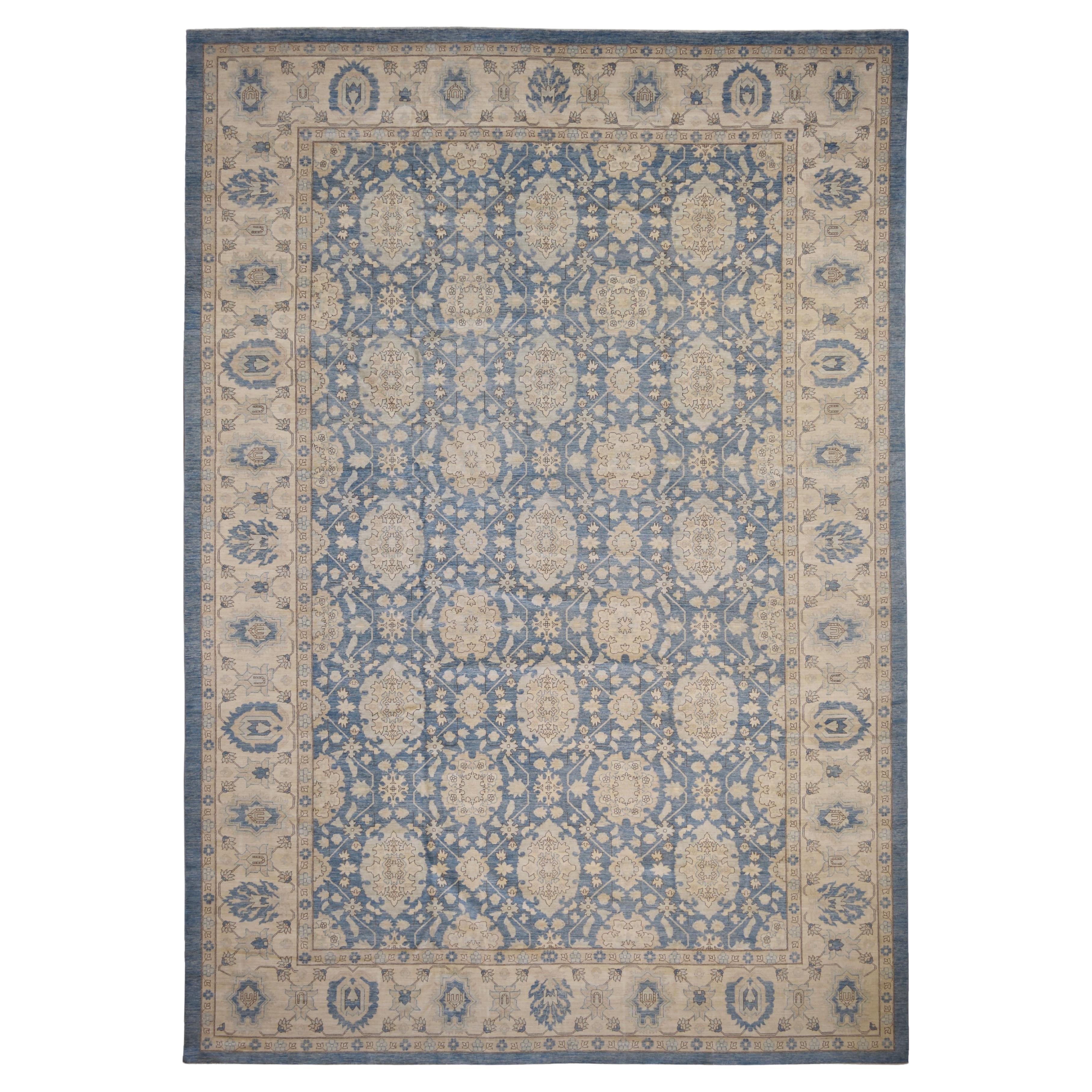 Tapis néoclassique Tabriz bleu et ivoire 12'4''x17'9''