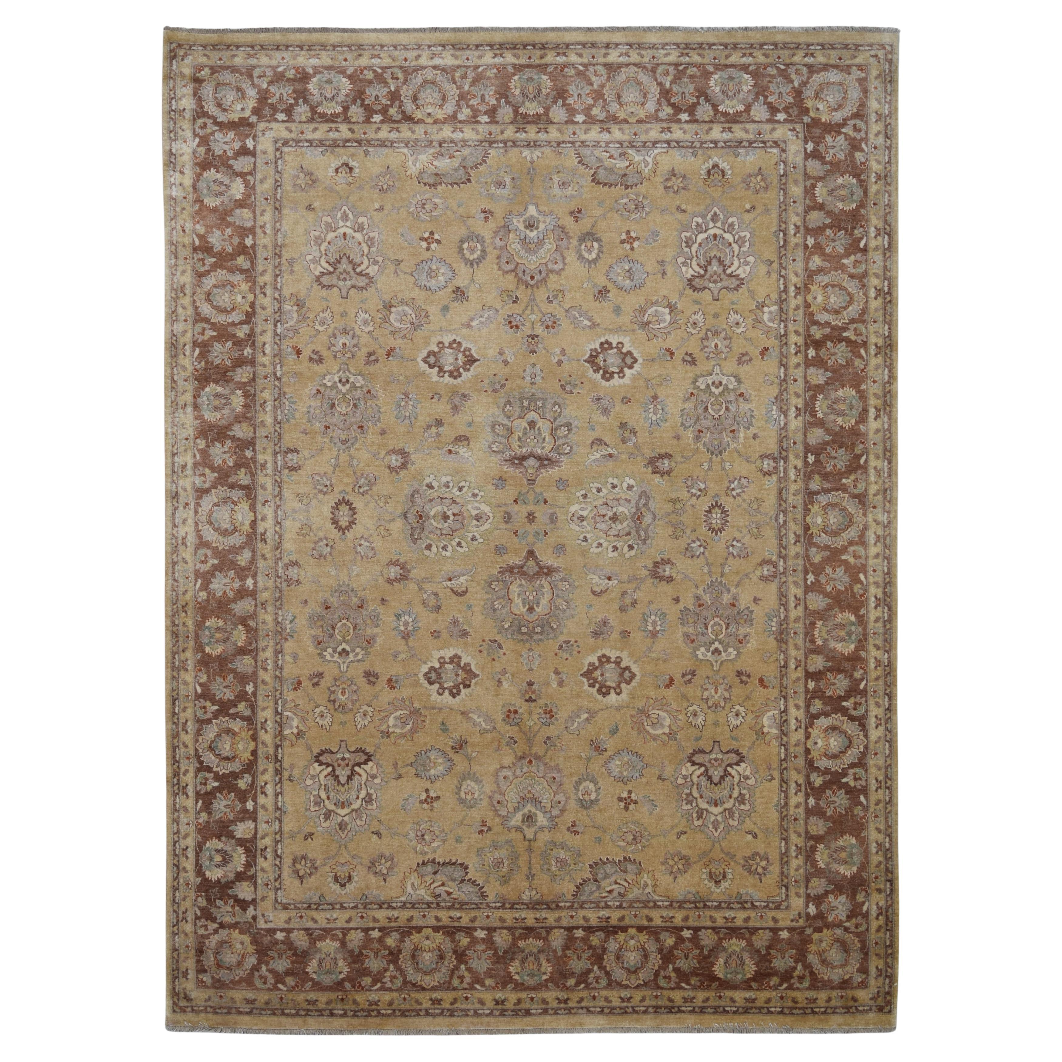 Neo-Classical Tan with Camel and Chestnut Border Wool Rug 8'11''x12'2'' en vente