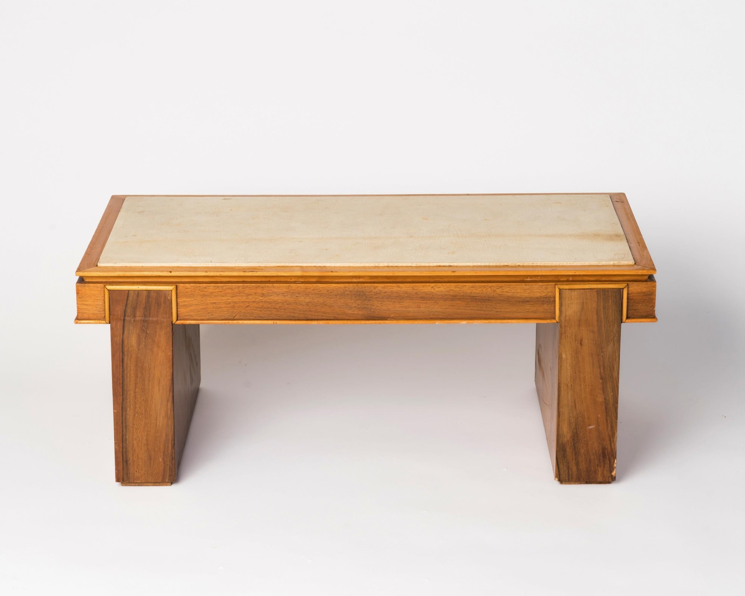 Parchment Paper Neo-Classical Walnut and Velum Coffee Table, France 1940's 