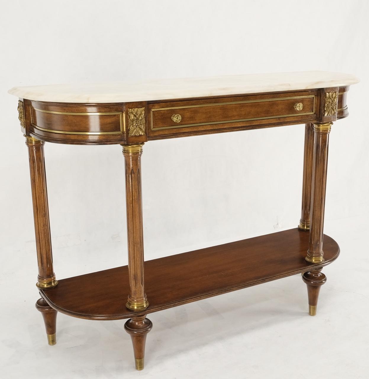 Neo Classical Walnut Brass Marble Top Demi Lune Shape Drawer Console Sofa Table 2