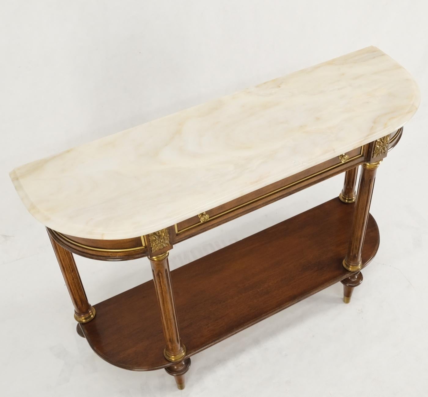 Neo Classical Walnut Brass Marble Top Demi Lune Shape Drawer Console Sofa Table 6