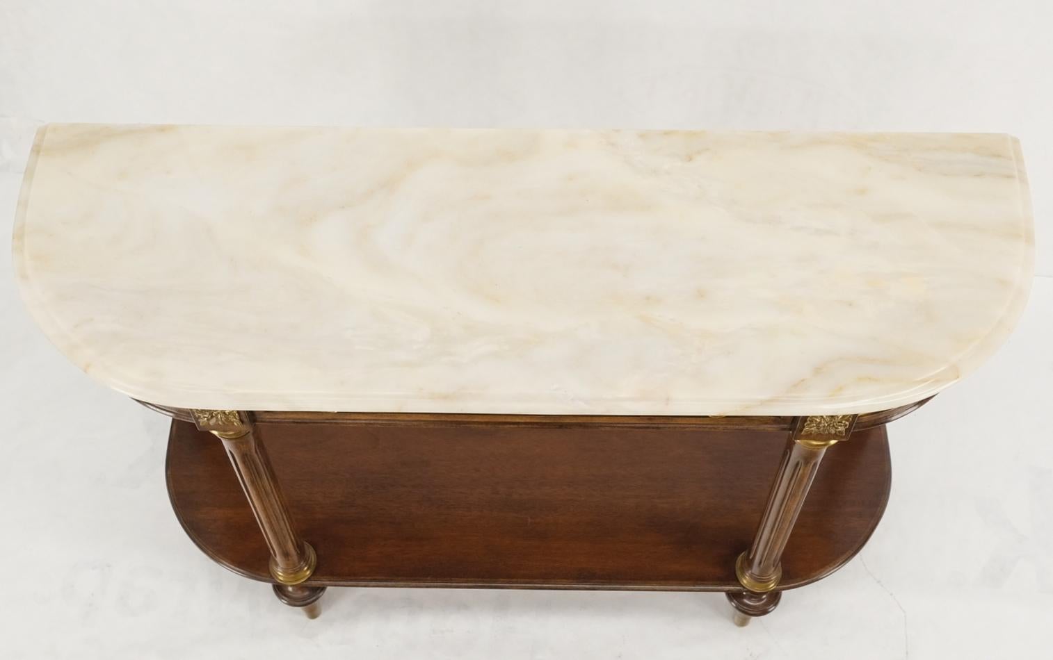 20th Century Neo Classical Walnut Brass Marble Top Demi Lune Shape Drawer Console Sofa Table
