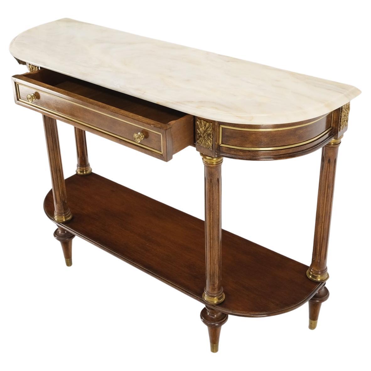 Neo Classical Walnut Brass Marble Top Demi Lune Shape Drawer Console Sofa Table
