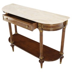 Vintage Neo Classical Walnut Brass Marble Top Demi Lune Shape Drawer Console Sofa Table