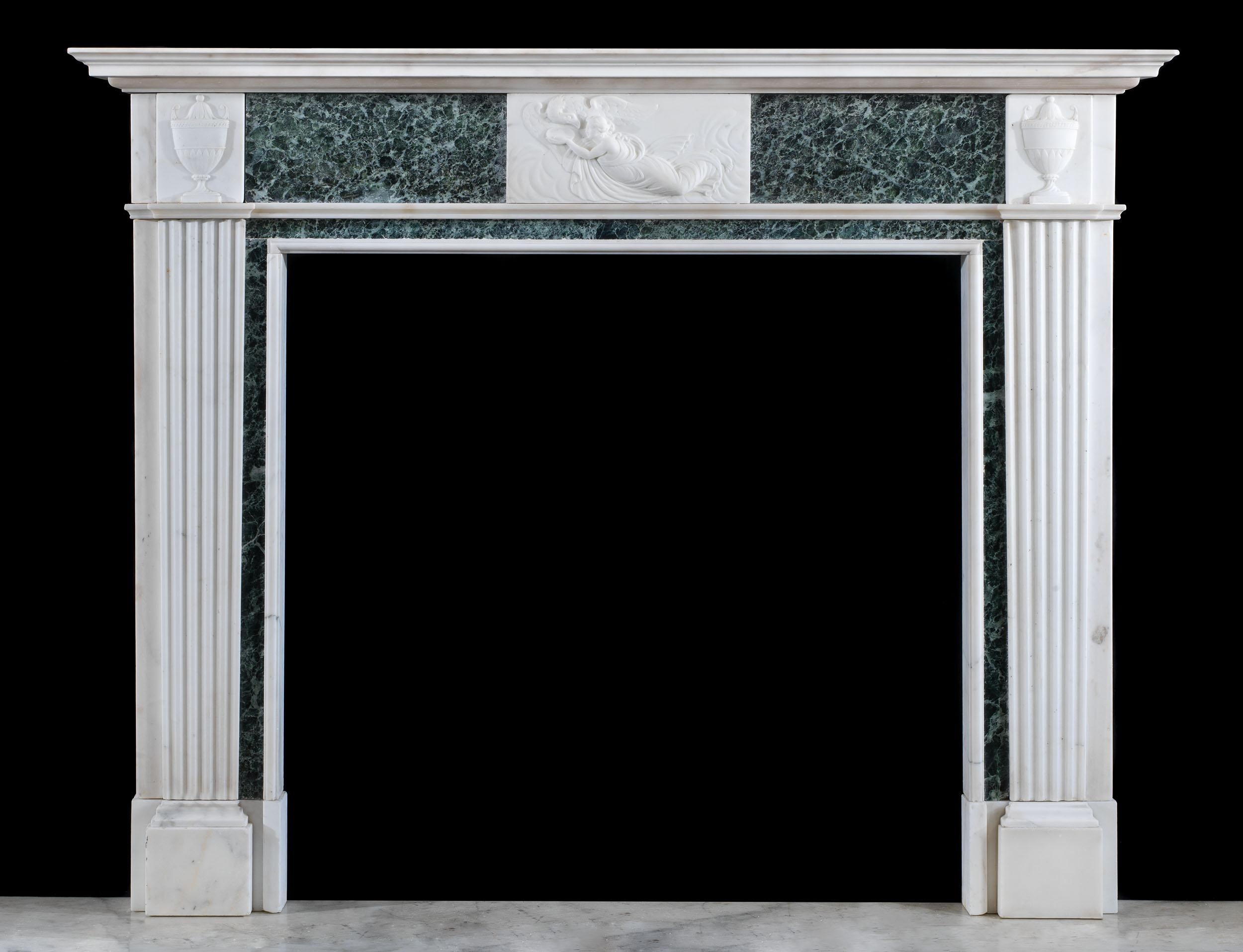 British Neo-Classical White and Green Marble Fireplace Mantel For Sale