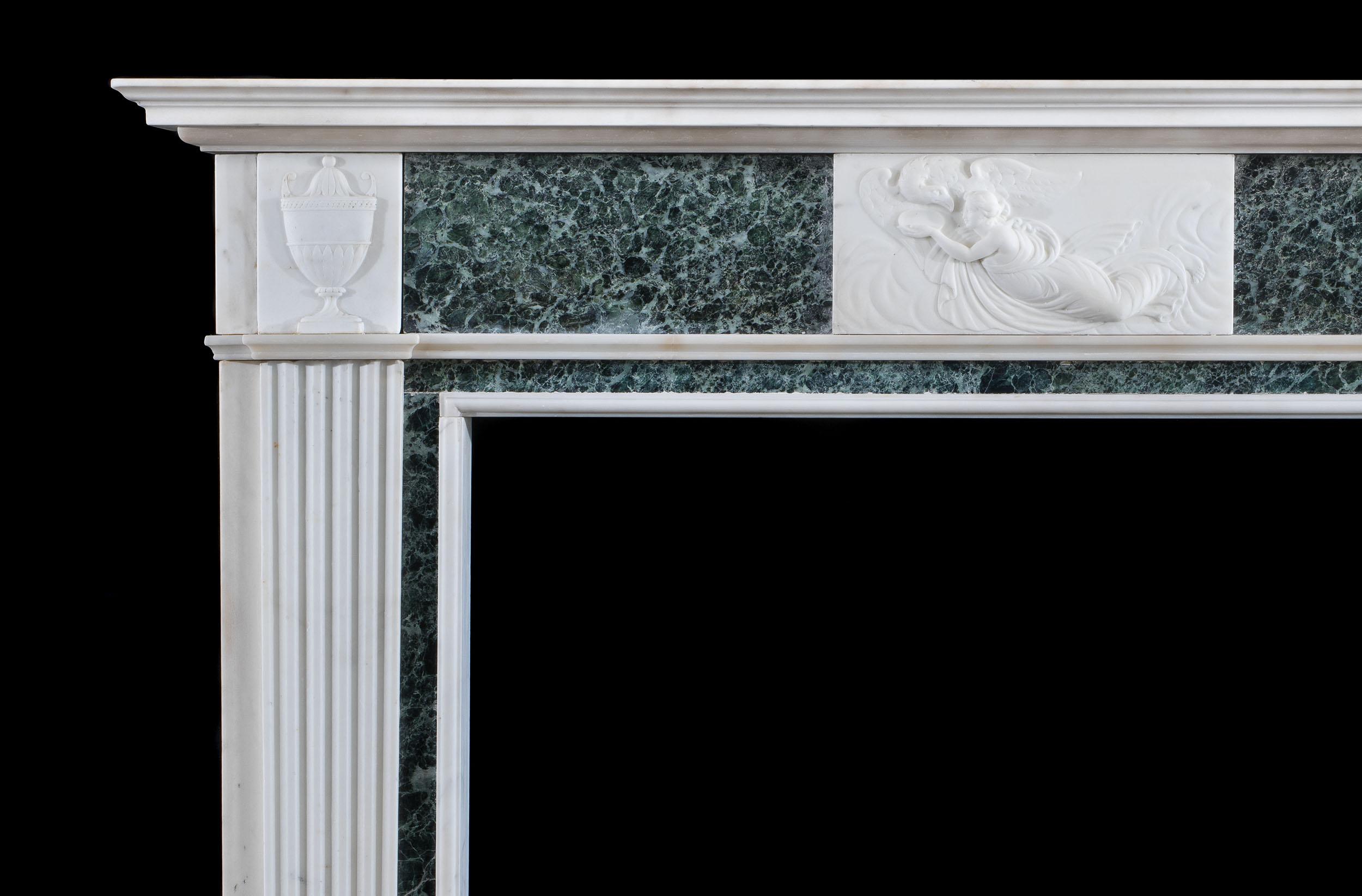 Hand-Carved Neo-Classical White and Green Marble Fireplace Mantel For Sale