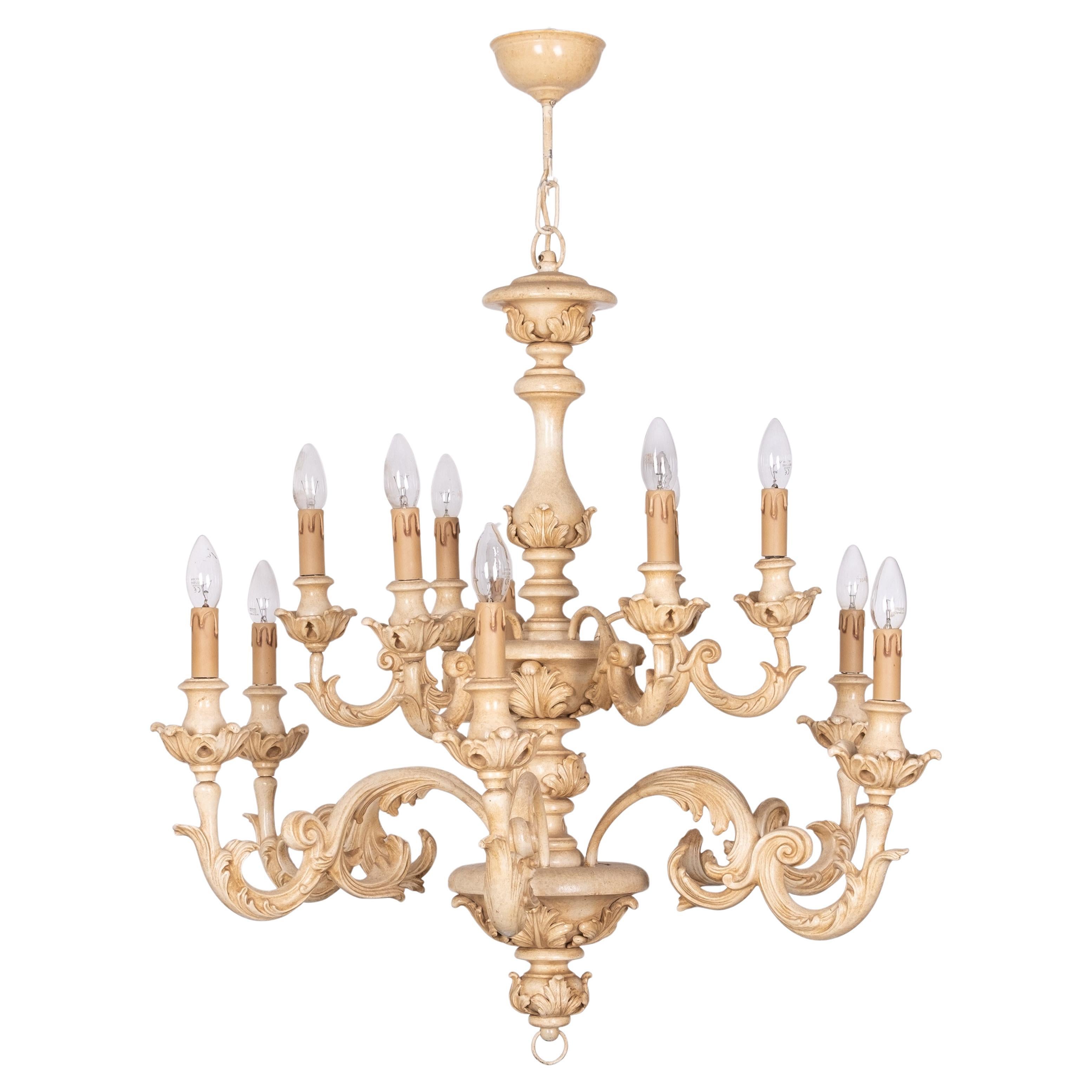 Bellissimo lampadario italiano di grandi dimensioni in legno a due livelli. 12 piccole prese Ciotola luminosa Prodotto da Estro Fiorentino srl    Firenze Italia 
   