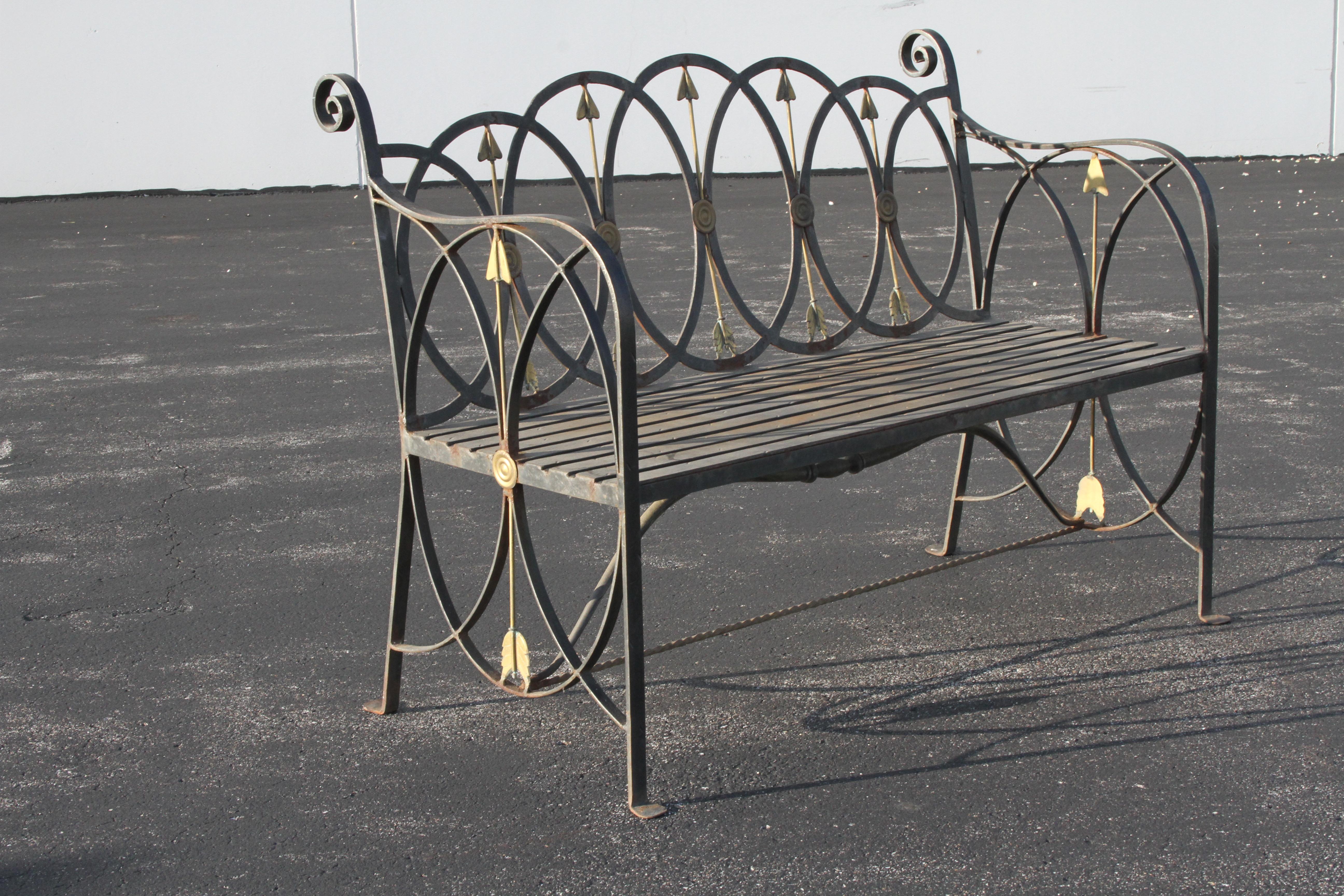 Neo-Classical Wrought Iron Garden Patio Bench or Settee with Stylized Arrows For Sale 2