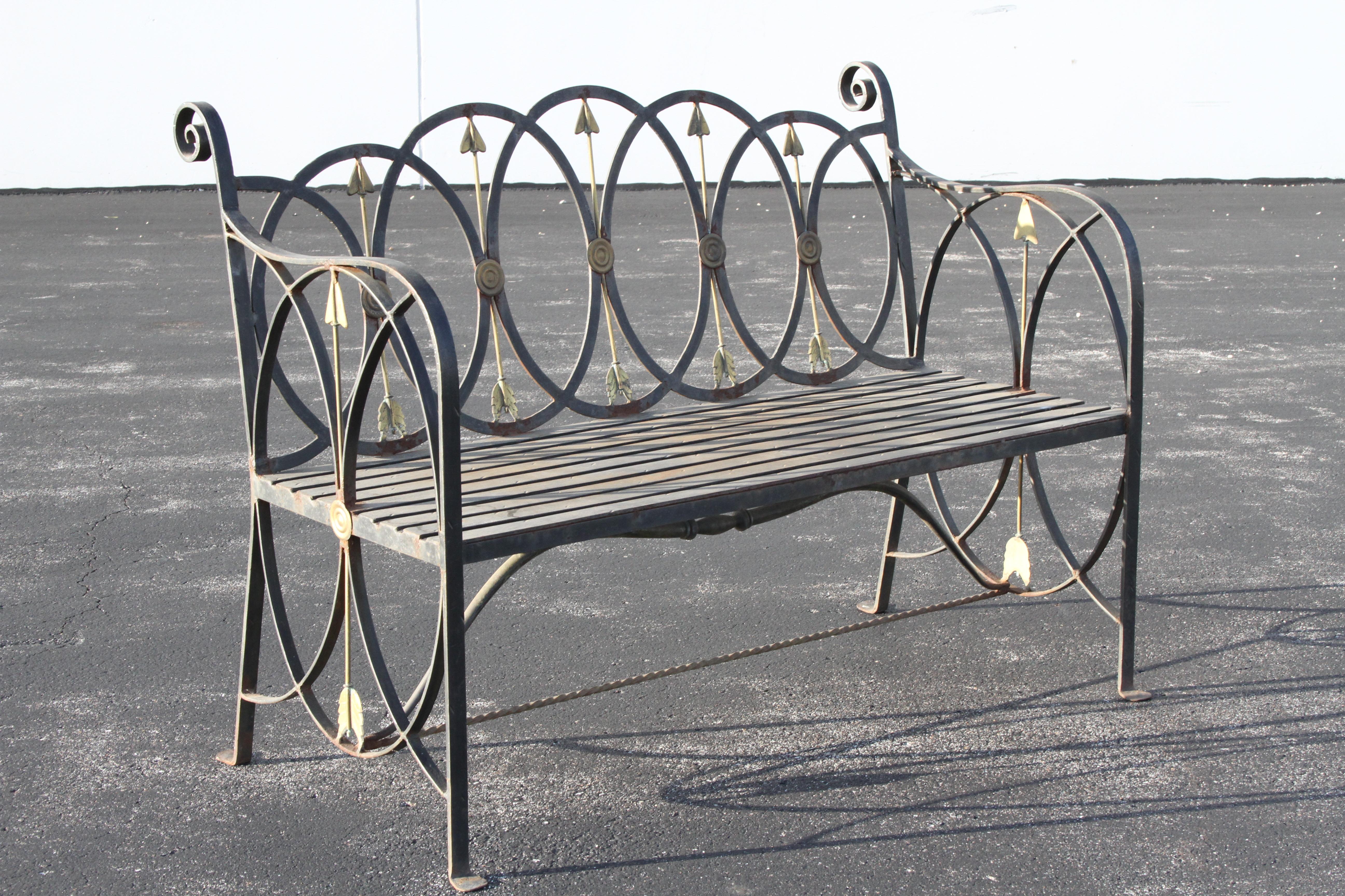Neo-Classical Wrought Iron Garden Patio Bench or Settee with Stylized Arrows For Sale 3