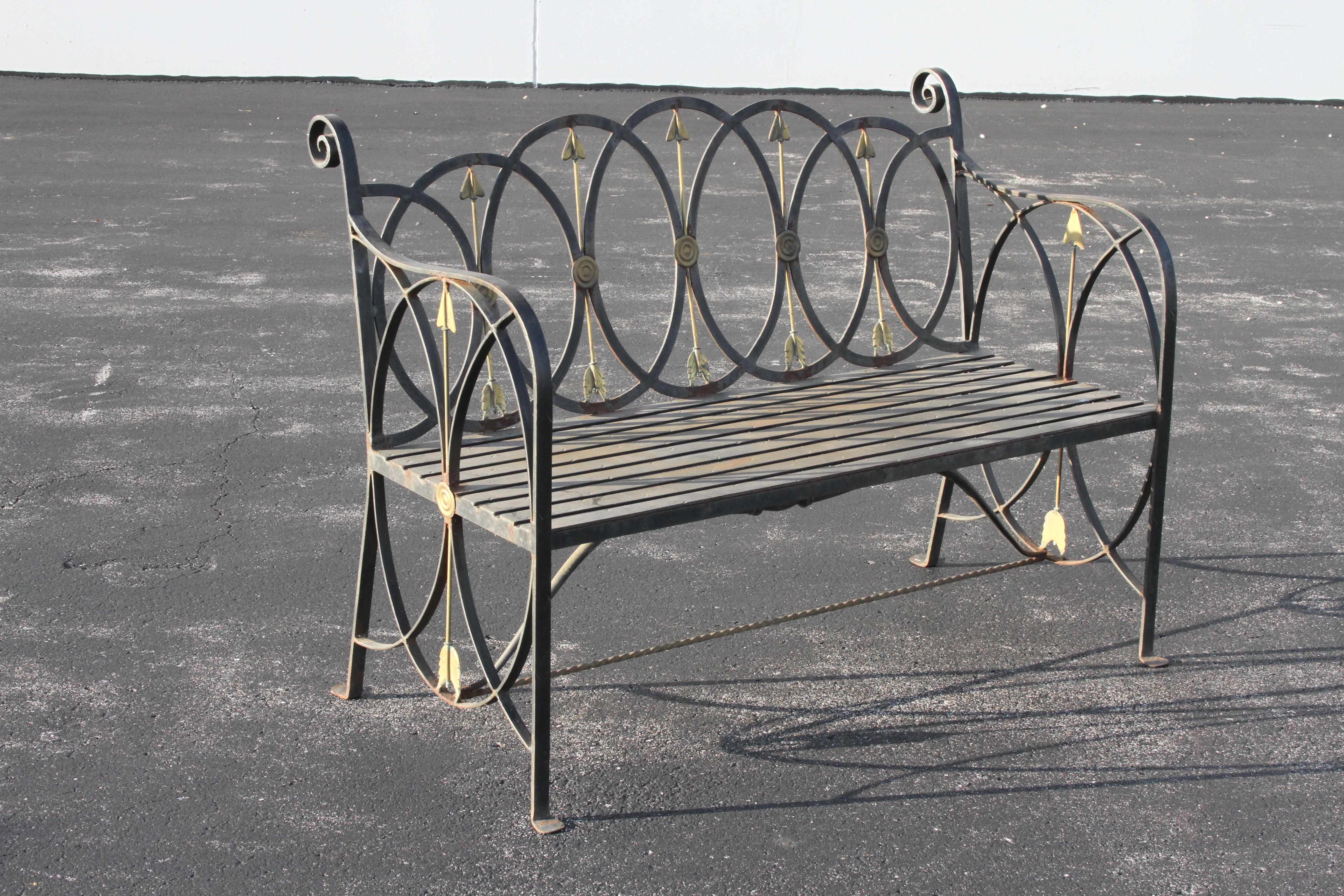 Neo-Classical Wrought Iron Garden Patio Bench or Settee with Stylized Arrows For Sale 5