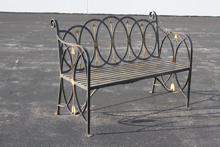 Neo-Classical Wrought Iron Garden Patio Bench or Settee with Stylized Arrows For Sale 8