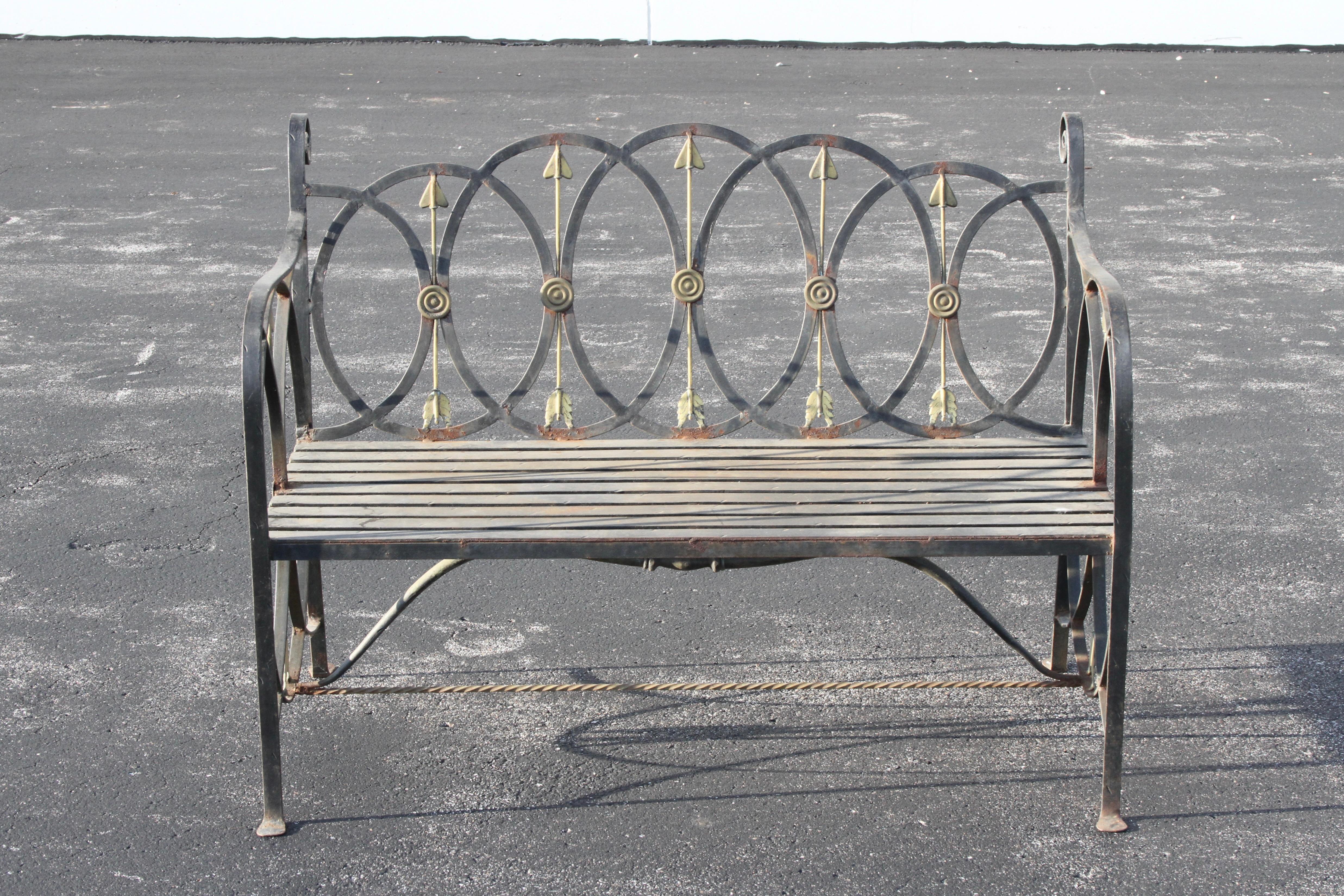 Neo-Classical Wrought Iron Garden Patio Bench or Settee with Stylized Arrows For Sale 9