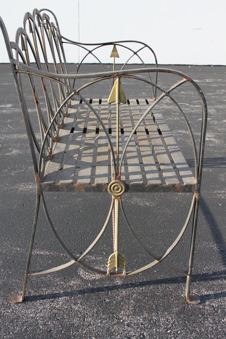 Neoclassical Revival Neo-Classical Wrought Iron Garden Patio Bench or Settee with Stylized Arrows For Sale