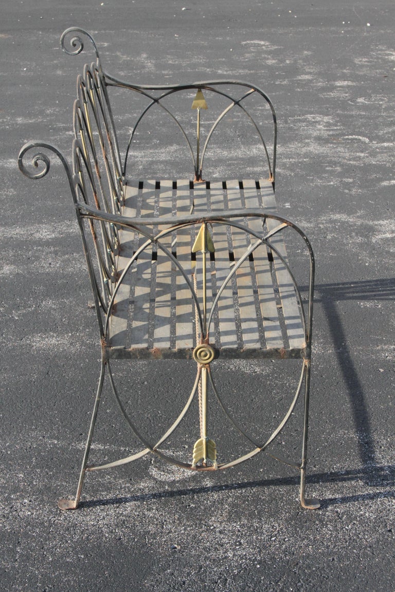 Unknown Neo-Classical Wrought Iron Garden Patio Bench or Settee with Stylized Arrows For Sale