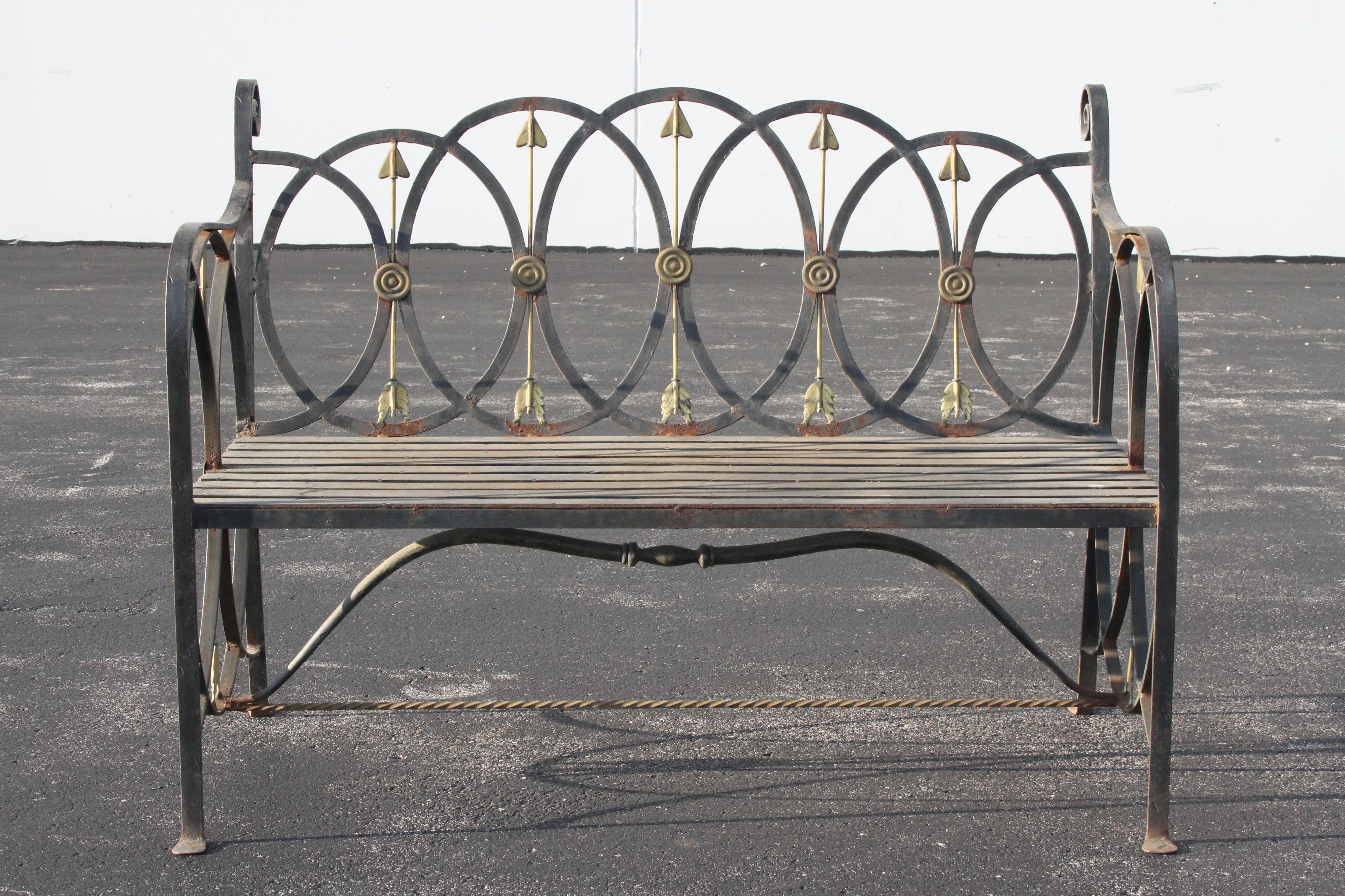 Neoclassical Revival Neo-Classical Wrought Iron Garden Patio Bench or Settee with Stylized Arrows For Sale