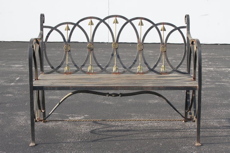 Mid-20th Century Neo-Classical Wrought Iron Garden Patio Bench or Settee with Stylized Arrows For Sale