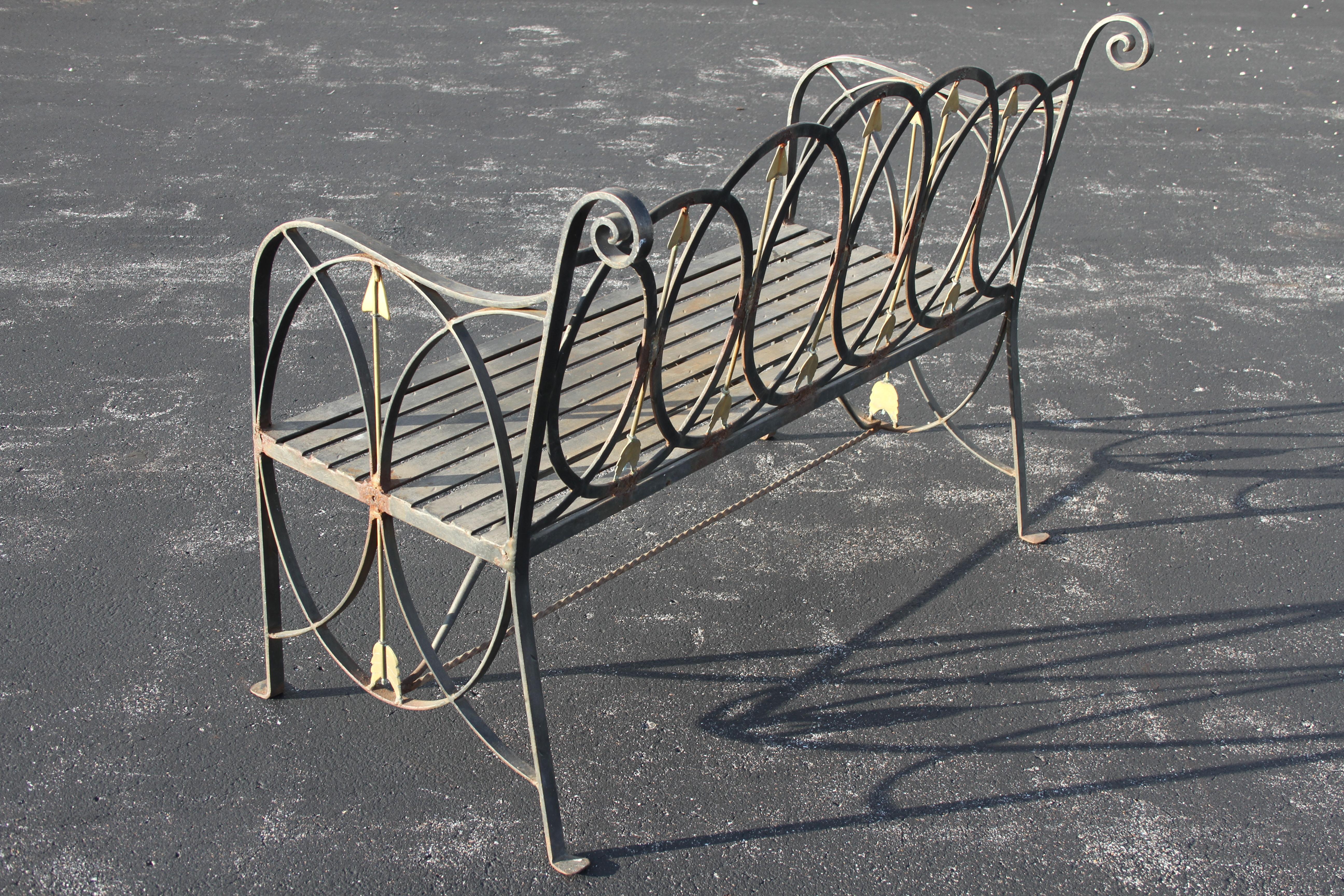 Unknown Neo-Classical Wrought Iron Garden Patio Bench or Settee with Stylized Arrows For Sale