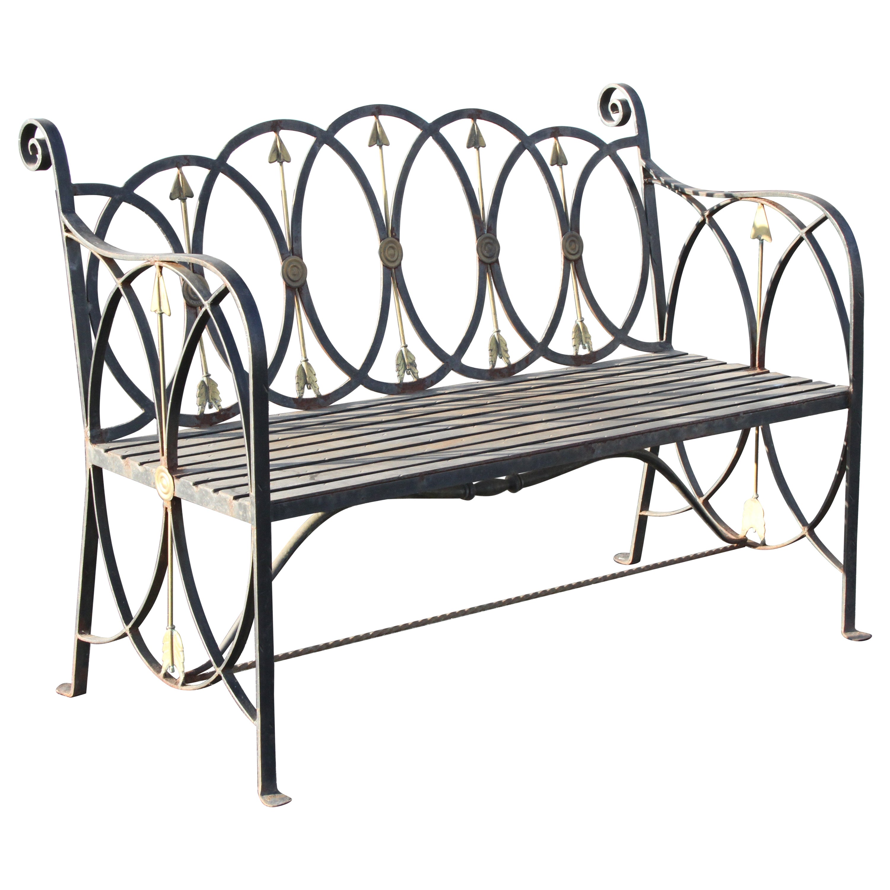 Banc ou banquette de jardin néo-classique en fer forgé avec flèches stylisées