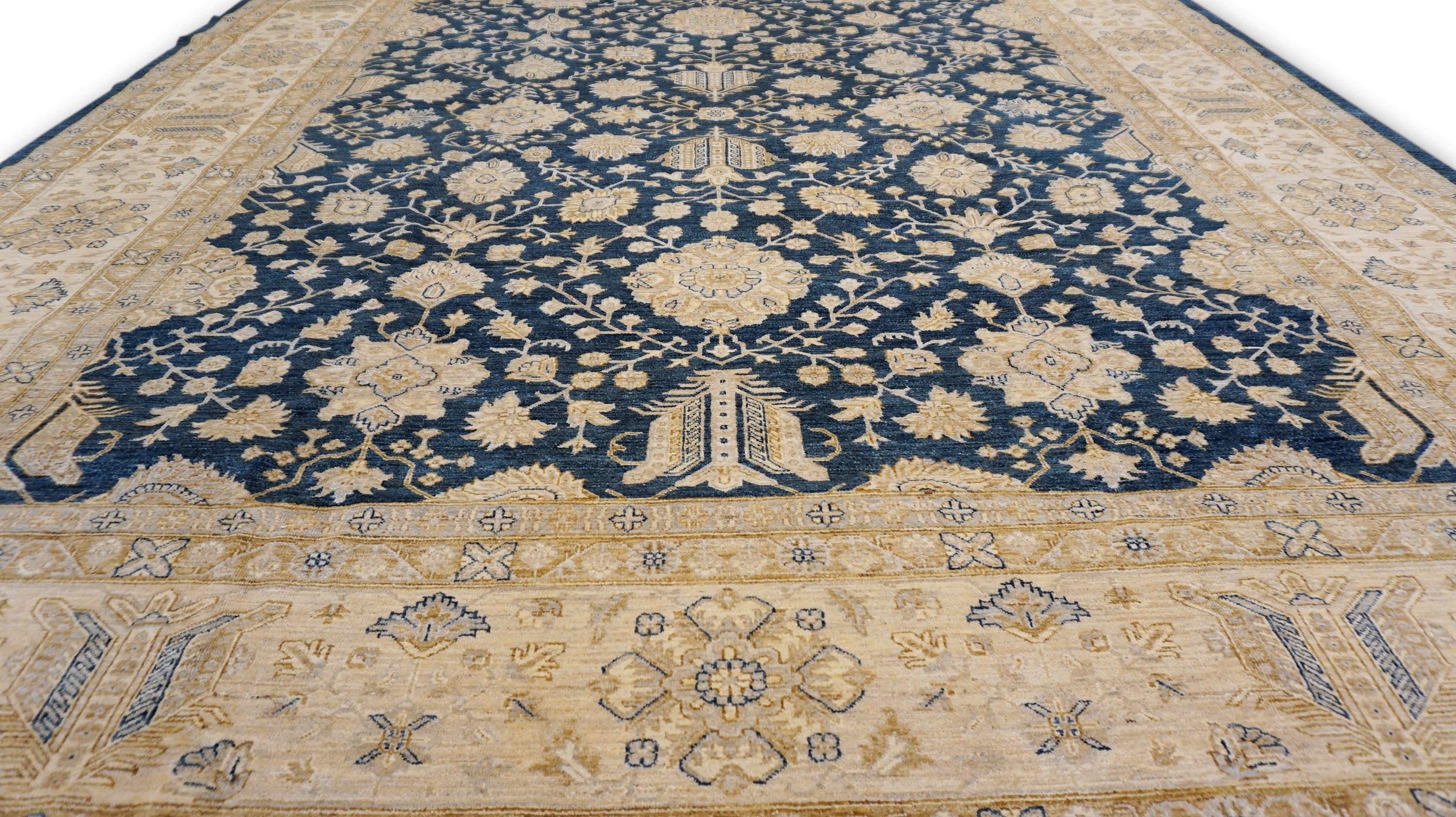 Neoklassizistischer Wollteppich mit Zigler-Muster in Blau und Gold und Beige 12'1''x15'3'' im Angebot 5