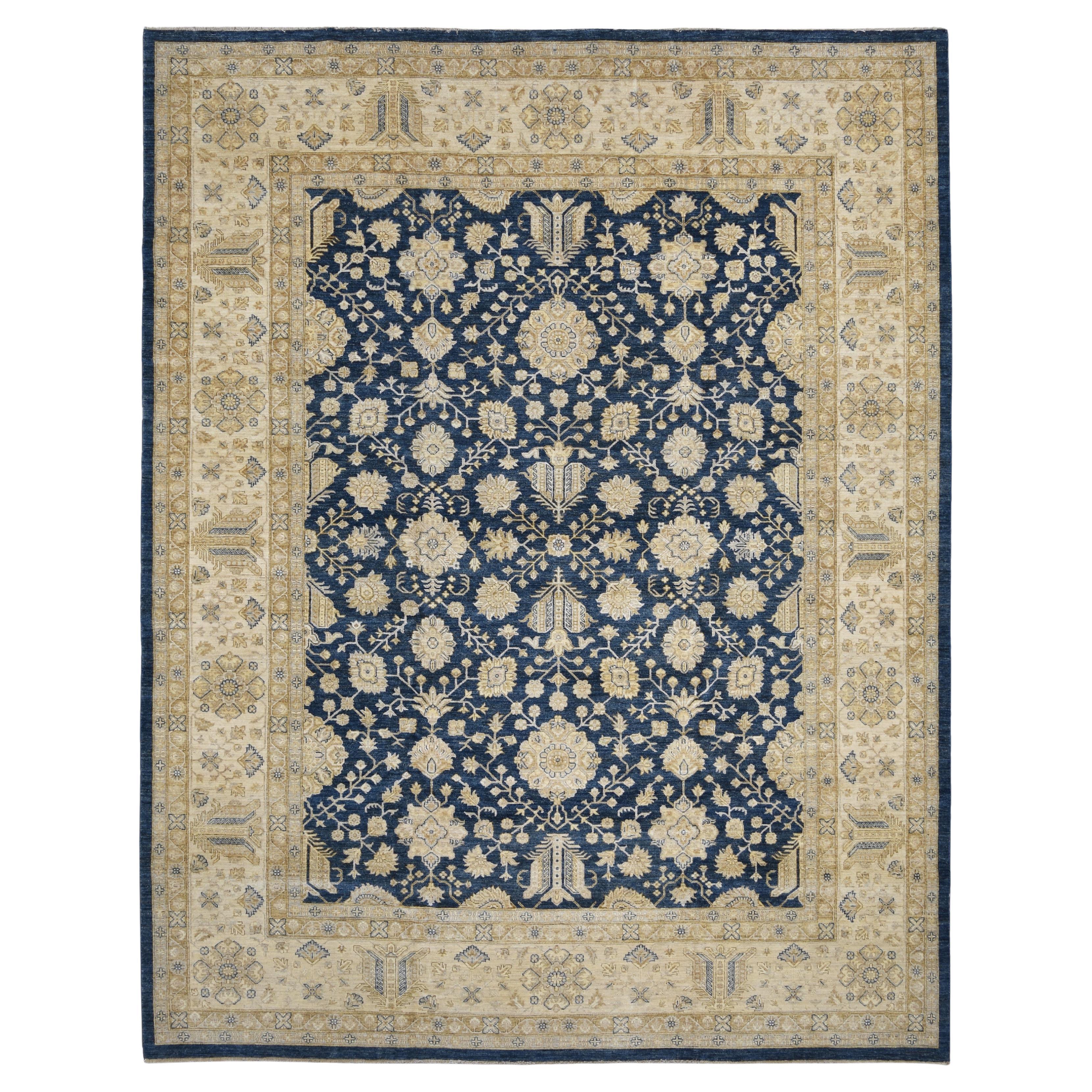 Neo-Classical Zigler Pattern Blue and Gold Beige Wool Rug 12'1''x15'3''
