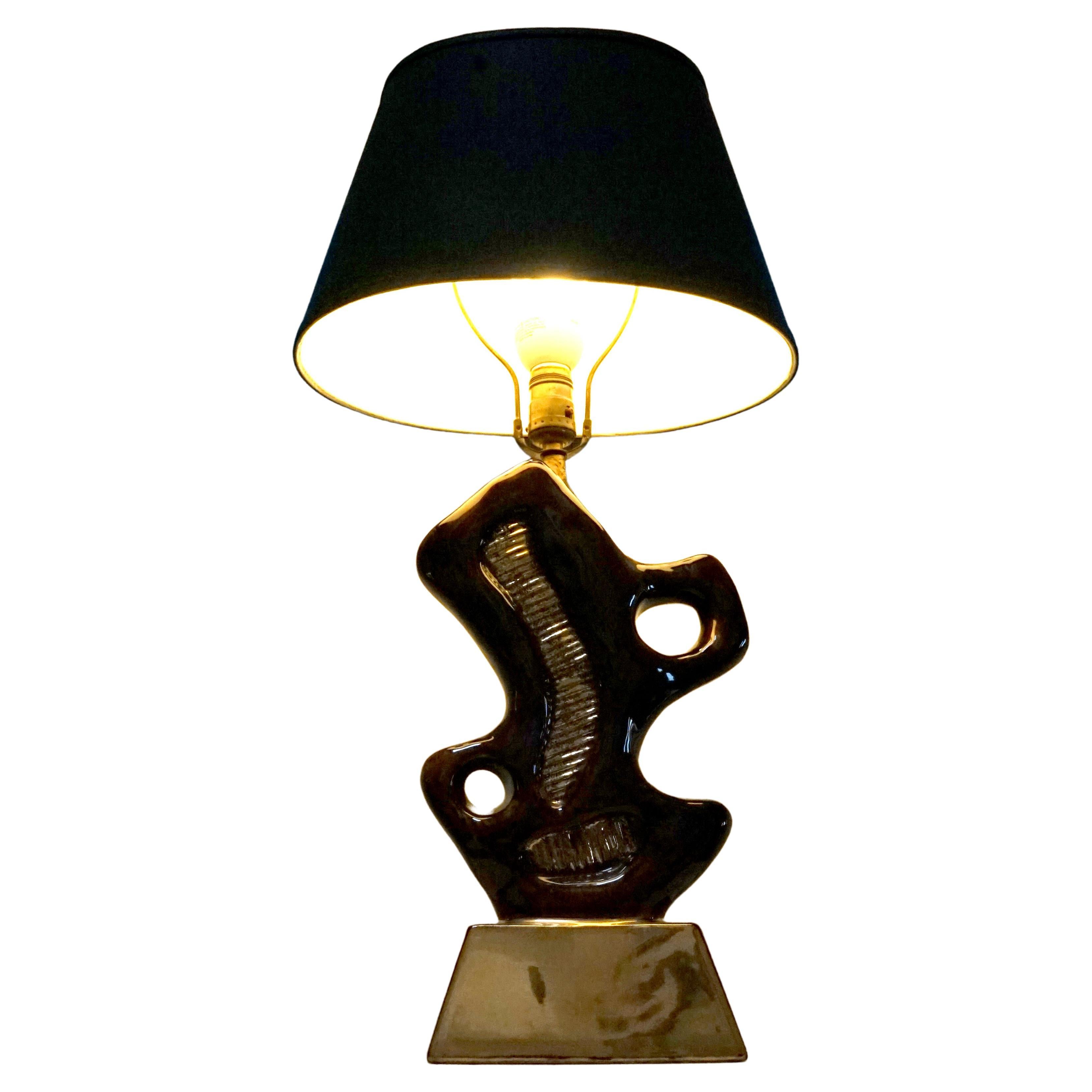 Neo Cubist Mid Century Picasso Inspired Ceramic Gold Brown Glaze Table Lamp For Sale