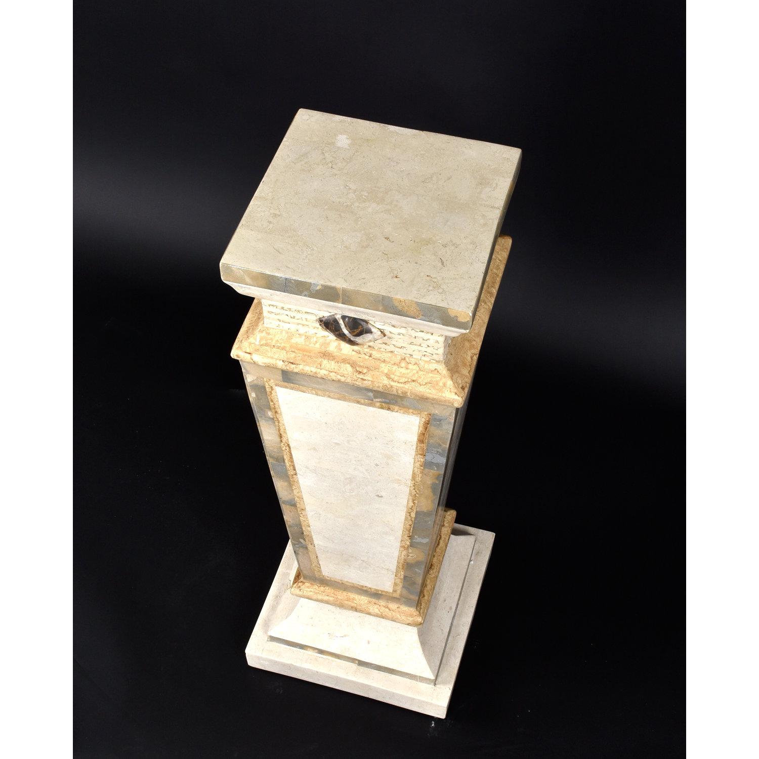 This listing is for the pedestal alone. The gold bust is sold separately.

Gorgeous Nineteen-Laties (1980s-1990s) era Maitland Smith tessellated stone display pedestal. The design is a Neo-Deco style with classical influenced form. The stone is