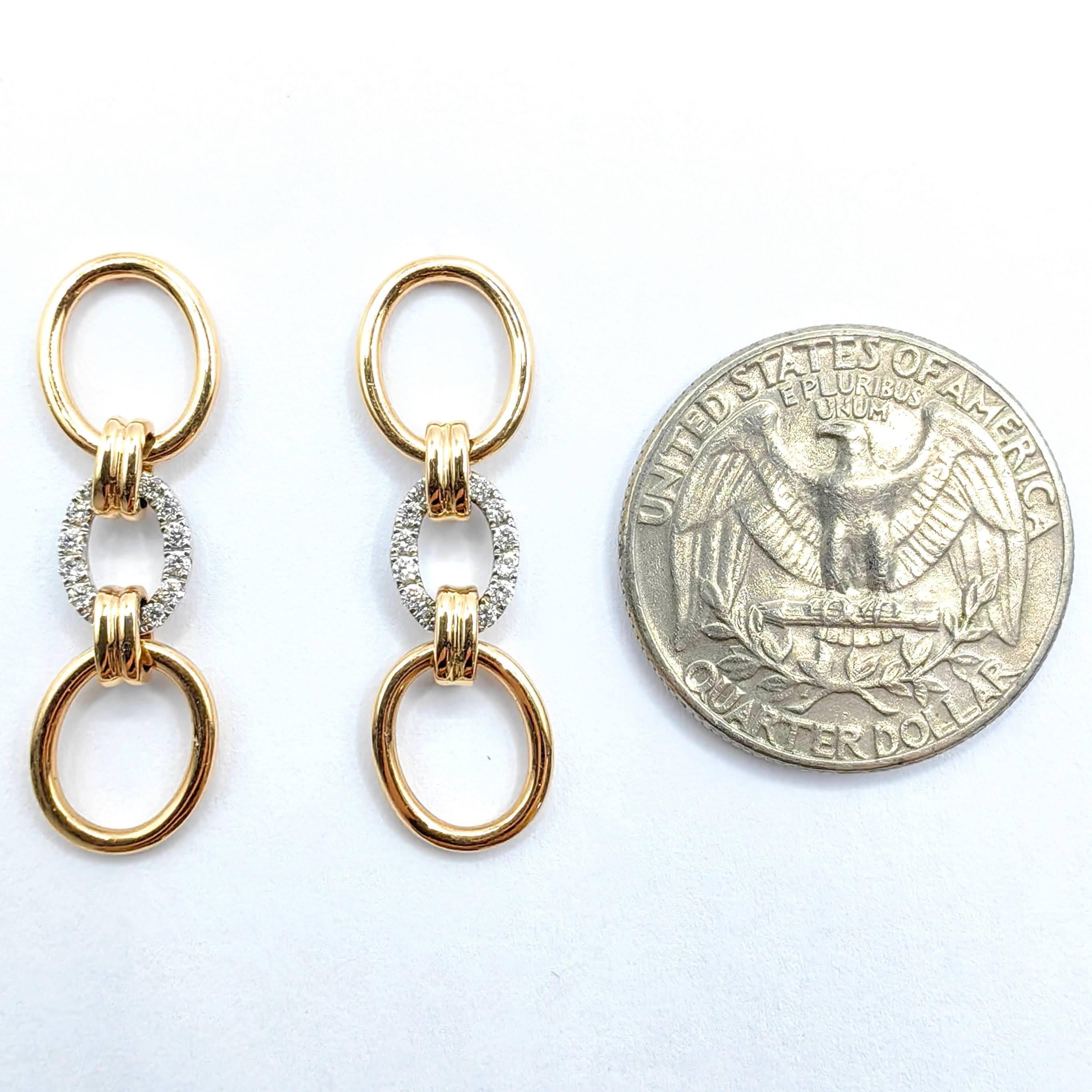 Boucles d'oreilles pendantes néo-déco en or rose et blanc 18K avec maillons ovales et pavés de diamants ronds en vente 3