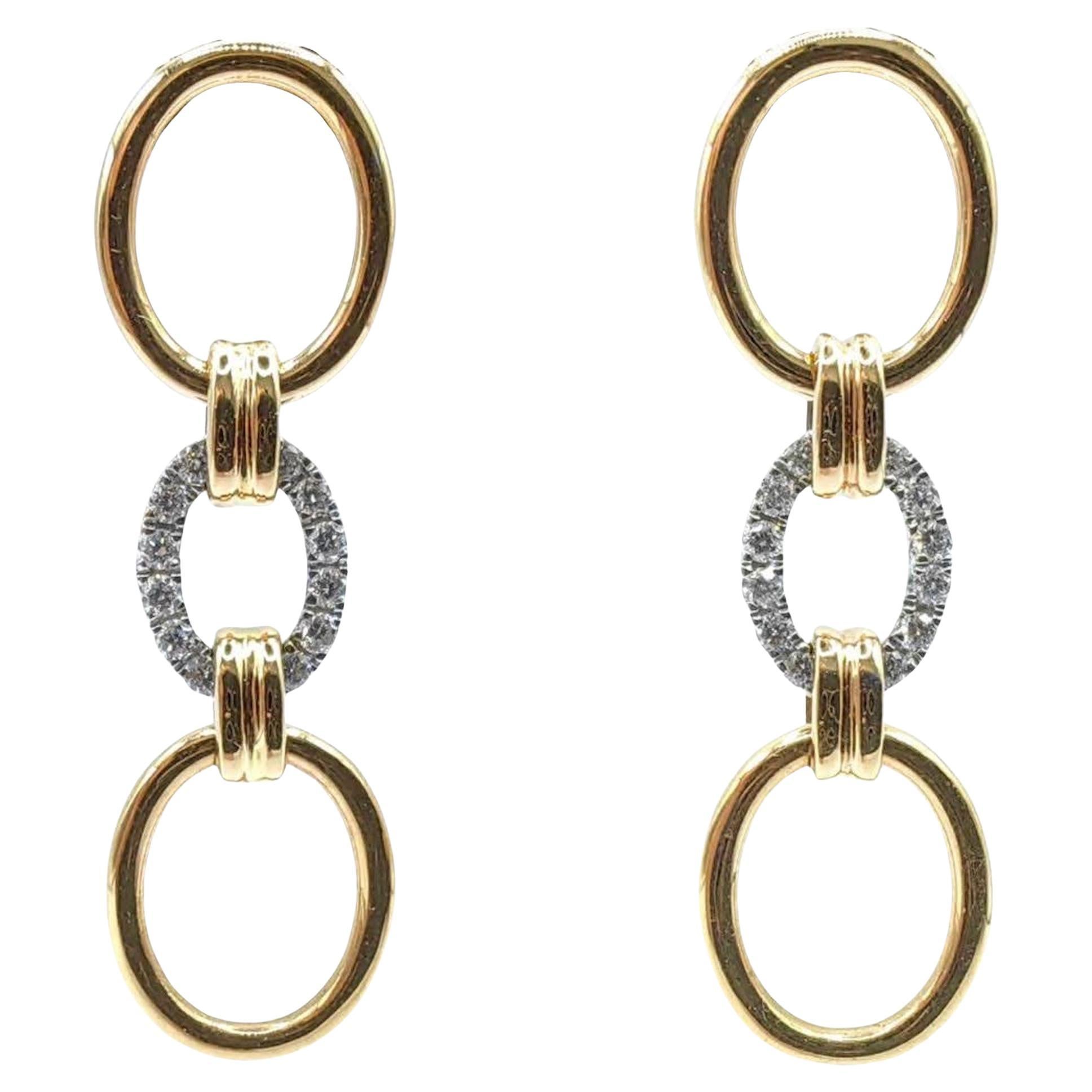 Customizable Neo-Deco Oval Links Round Pavé Diamonds 18K Gold Dangling Earrings