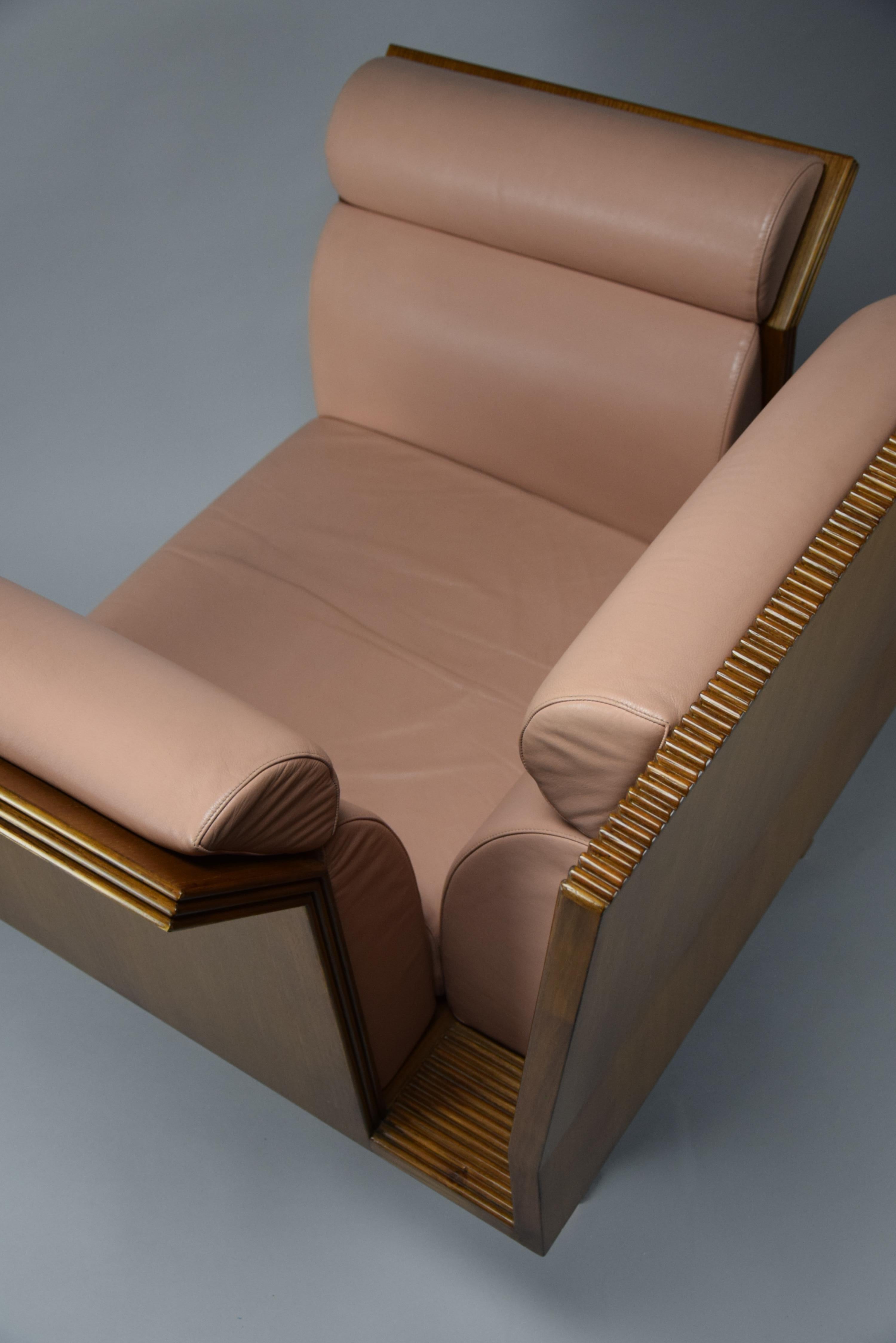Postmoderner postmoderner Sessel aus eklektischem Jatoba-Holz und lachsfarbenem Leder im Angebot 6