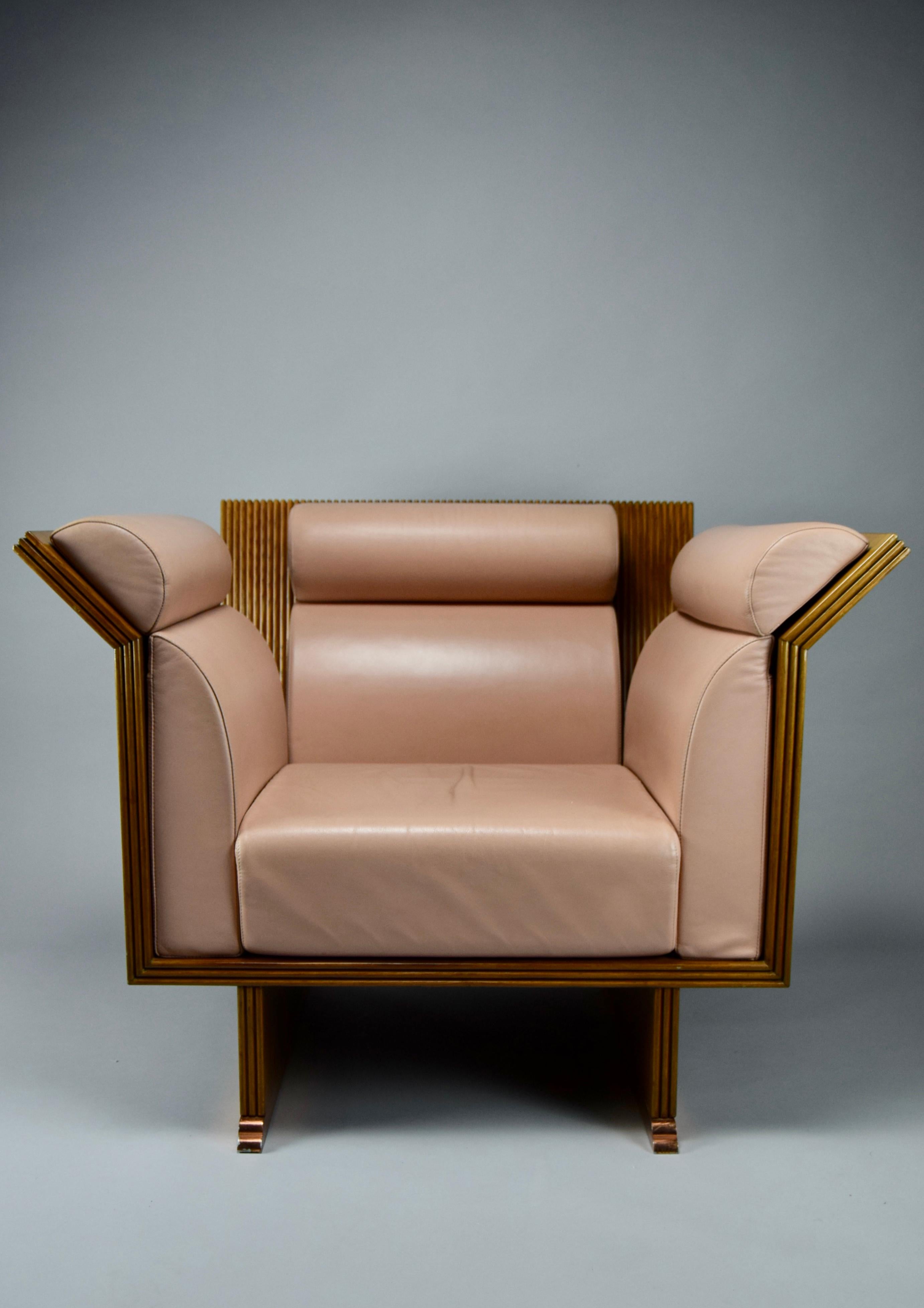 Postmoderner postmoderner Sessel aus eklektischem Jatoba-Holz und lachsfarbenem Leder im Angebot 7