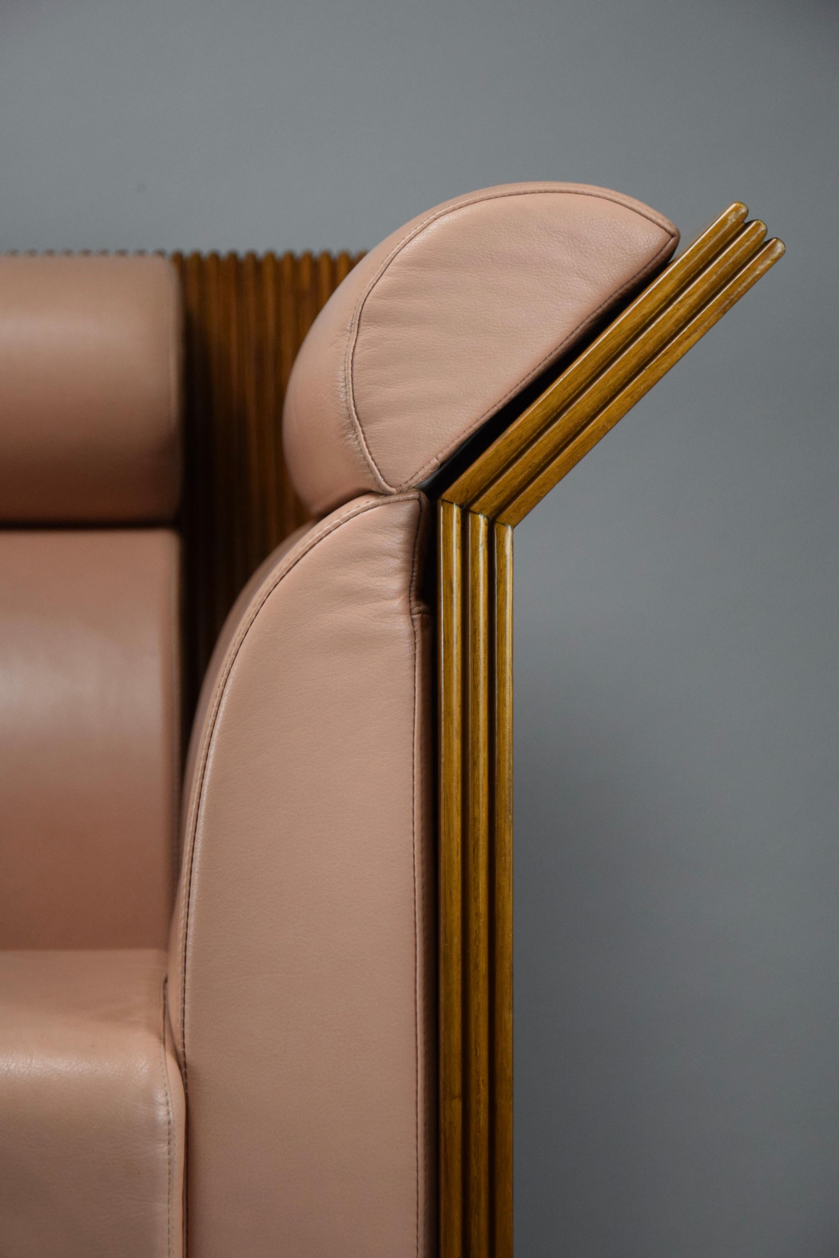 Postmoderner postmoderner Sessel aus eklektischem Jatoba-Holz und lachsfarbenem Leder im Angebot 8
