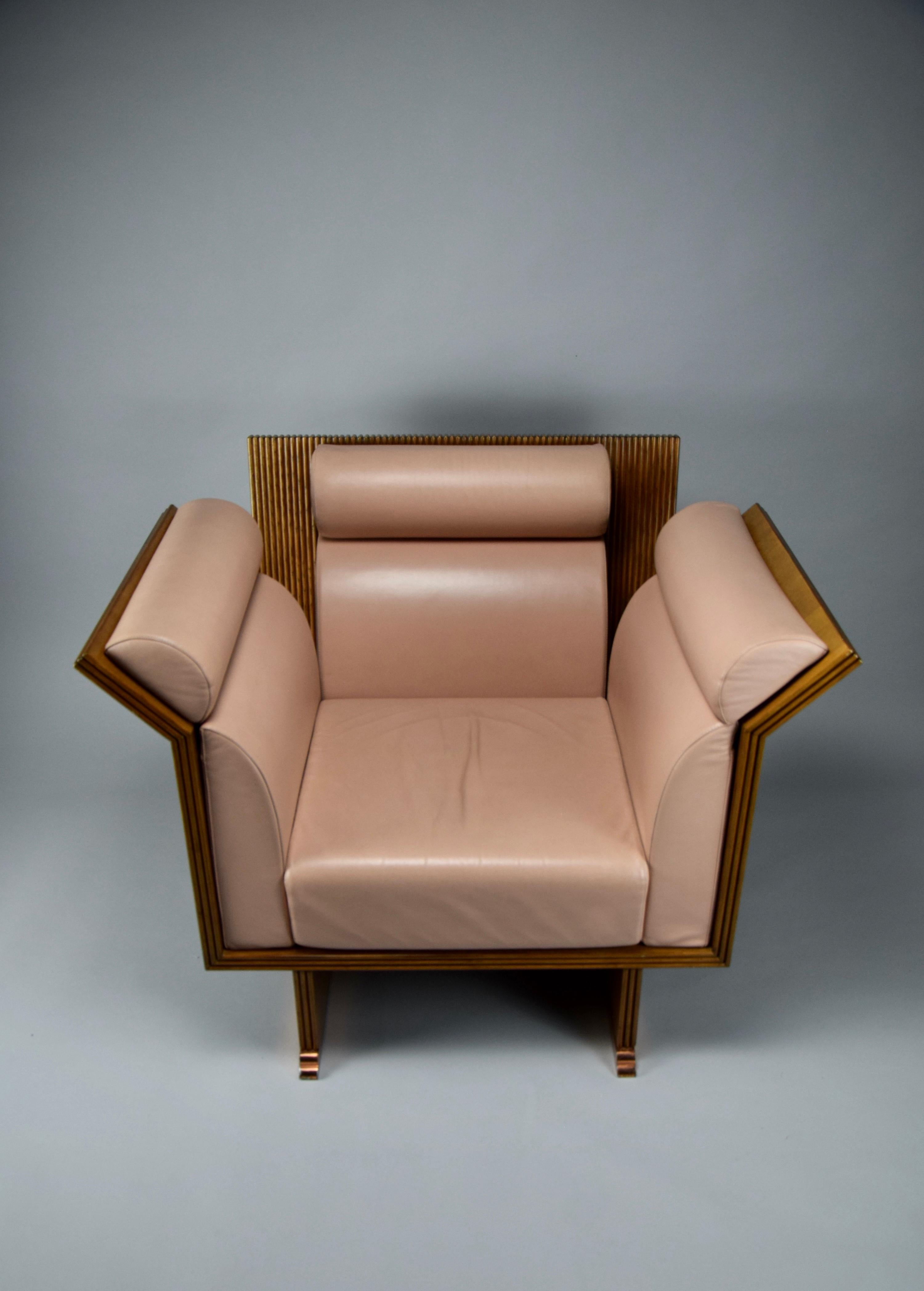 Postmoderner postmoderner Sessel aus eklektischem Jatoba-Holz und lachsfarbenem Leder im Angebot 10
