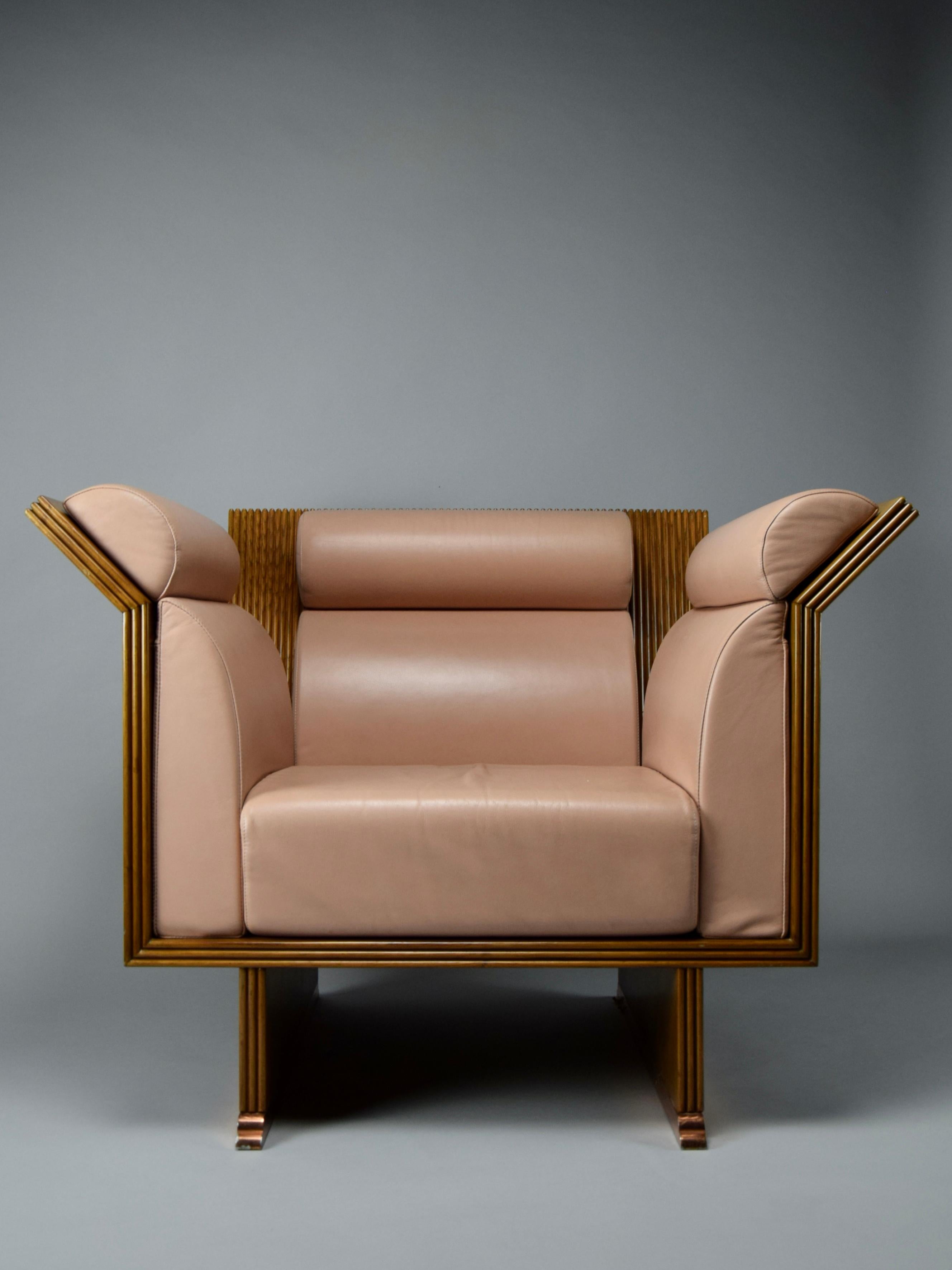 Postmoderner postmoderner Sessel aus eklektischem Jatoba-Holz und lachsfarbenem Leder im Zustand „Gut“ im Angebot in Weesp, NL