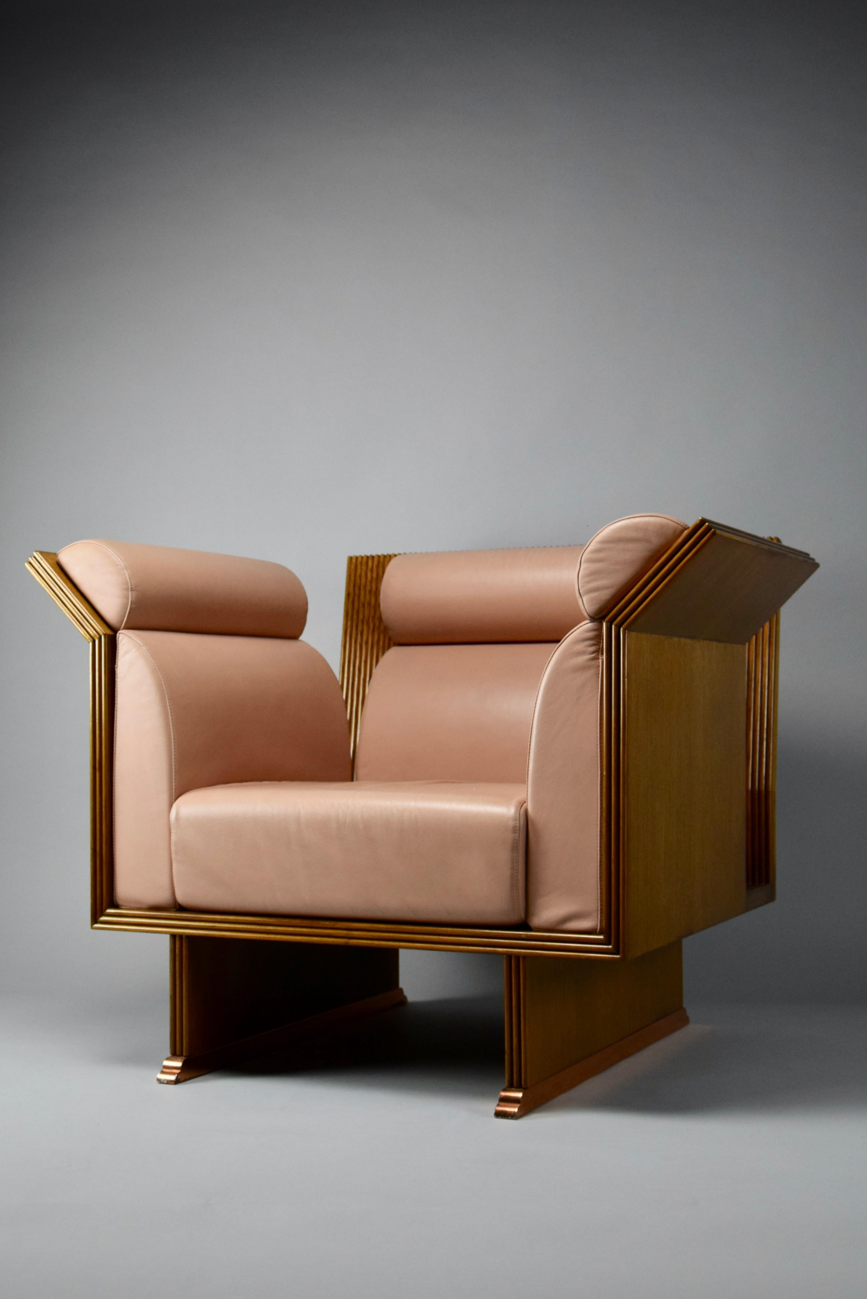 Postmoderner postmoderner Sessel aus eklektischem Jatoba-Holz und lachsfarbenem Leder im Angebot 2