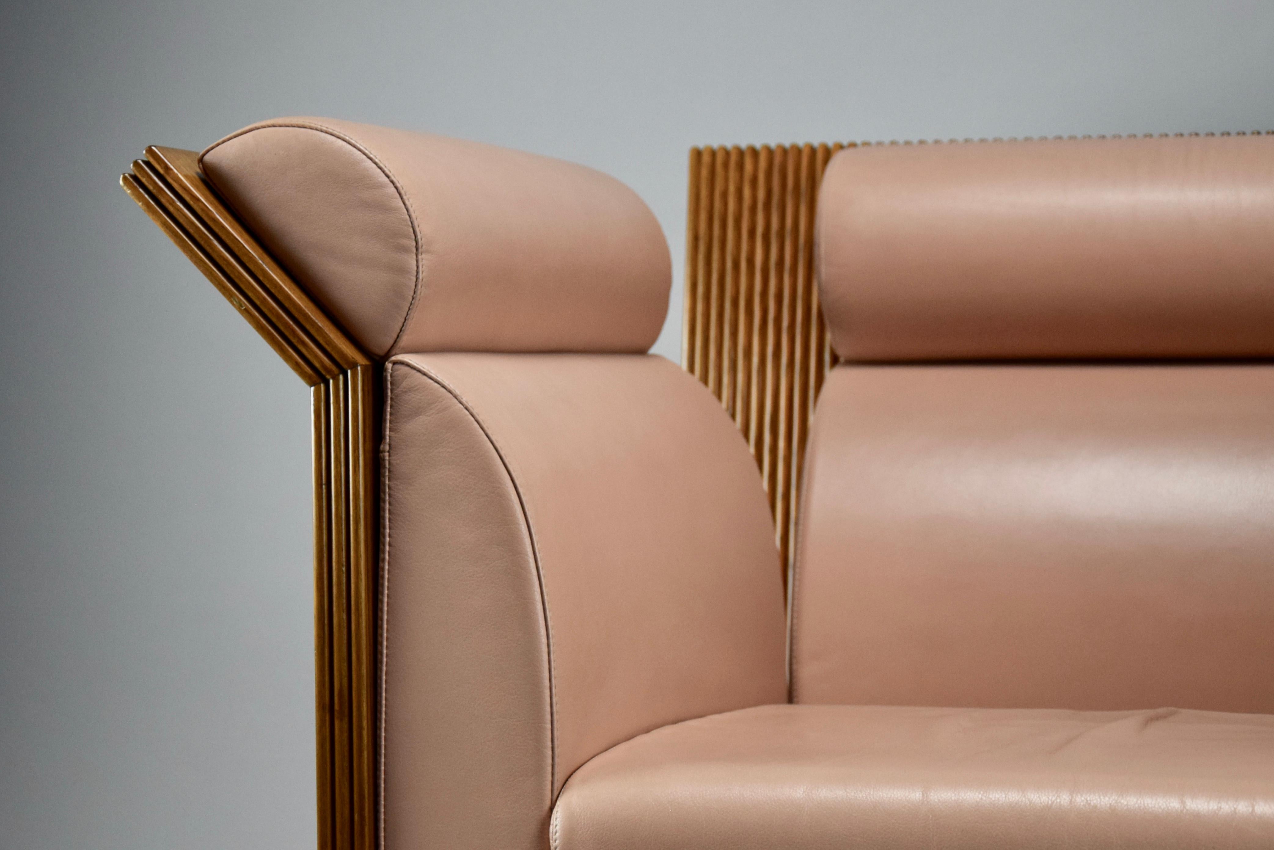 Postmoderner postmoderner Sessel aus eklektischem Jatoba-Holz und lachsfarbenem Leder im Angebot 3