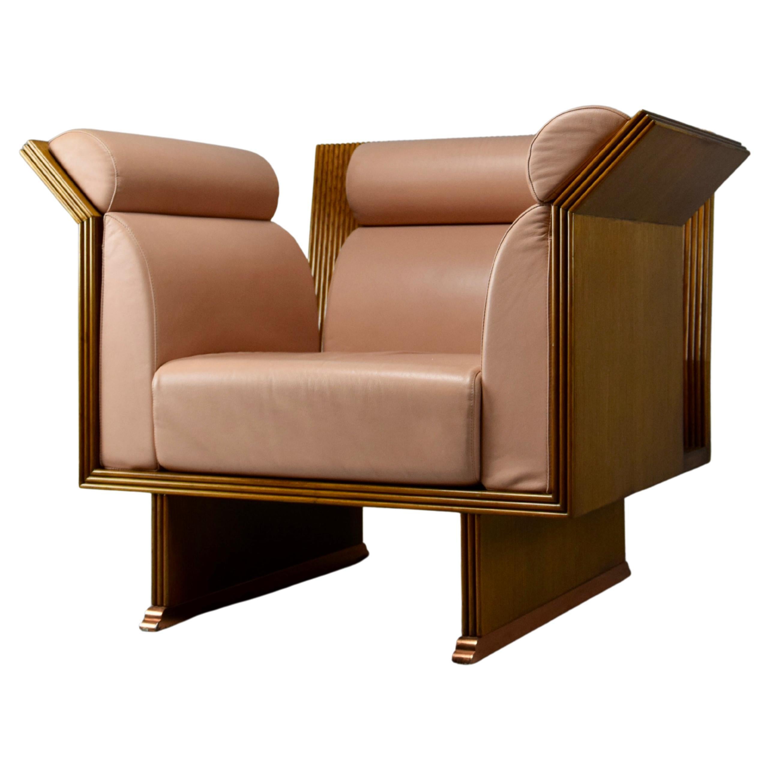 Postmoderner postmoderner Sessel aus eklektischem Jatoba-Holz und lachsfarbenem Leder im Angebot