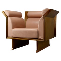Neo Eclectic Jatoba Wood and Salmon Colored Leather Post Modern Armchair