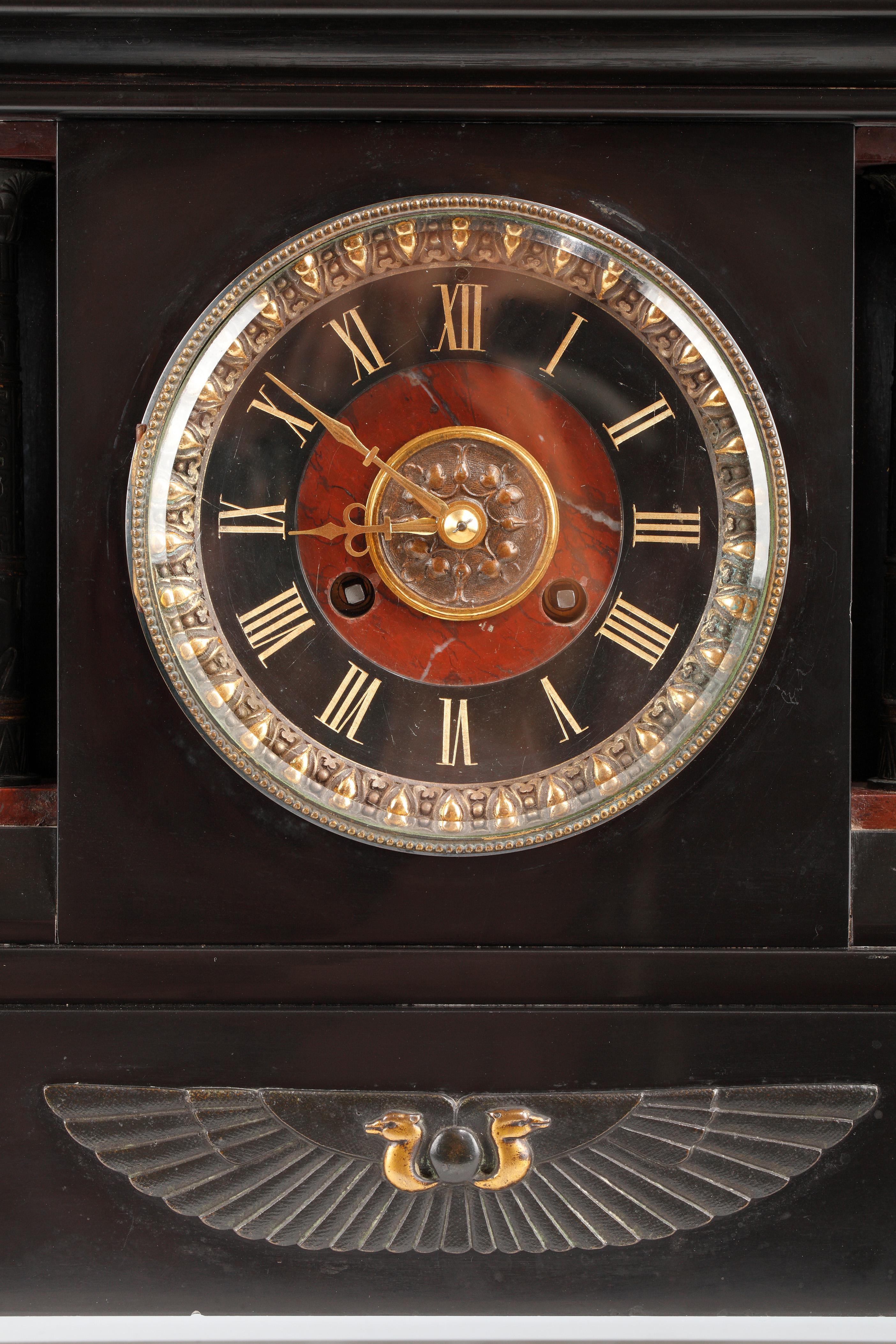 Egyptian Revival Neo-Egyptian Bronze and Marble Clock Attributed to G.Servant, France, Circa 1870 For Sale