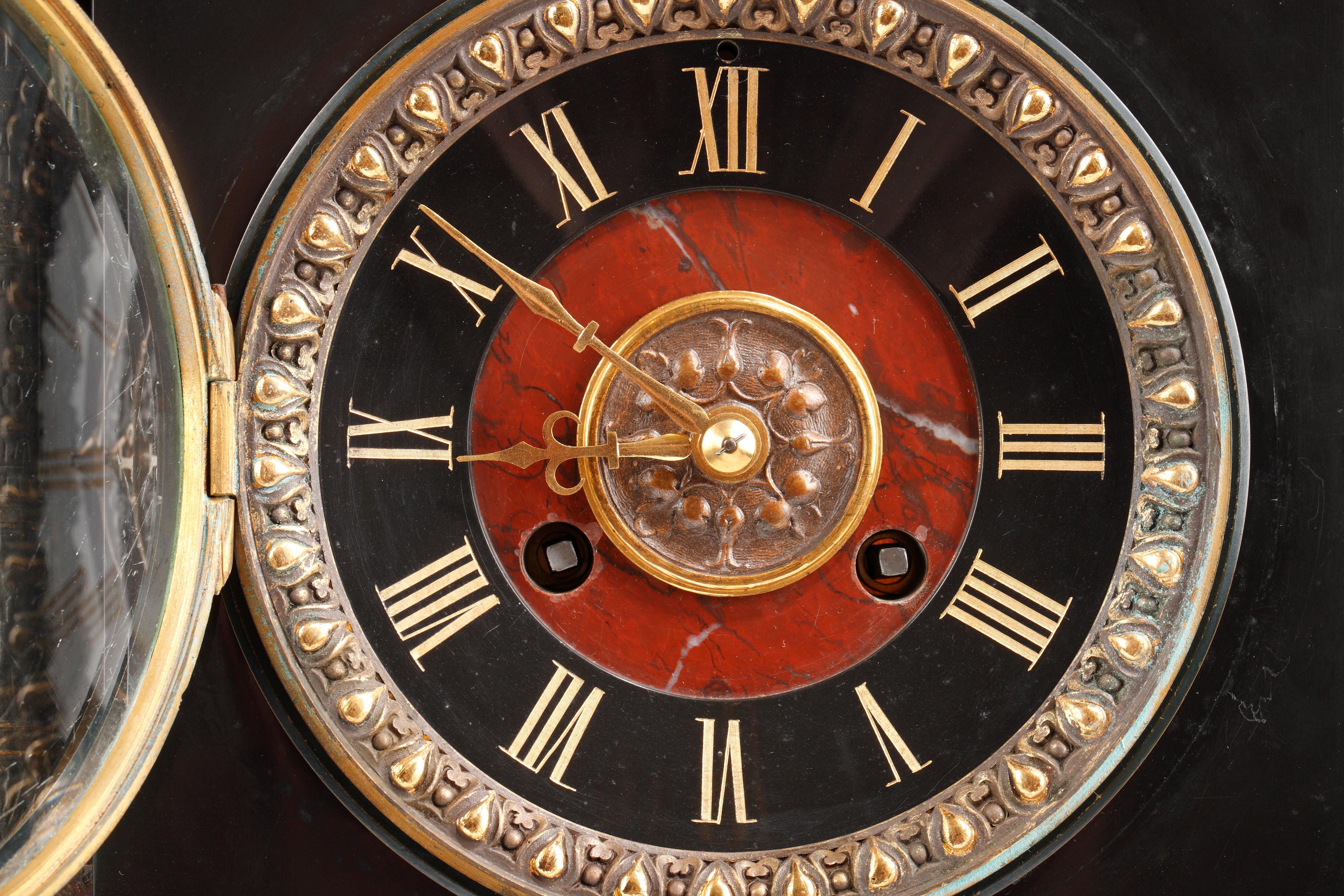 French Neo-Egyptian Bronze and Marble Clock Attributed to G.Servant, France, Circa 1870 For Sale