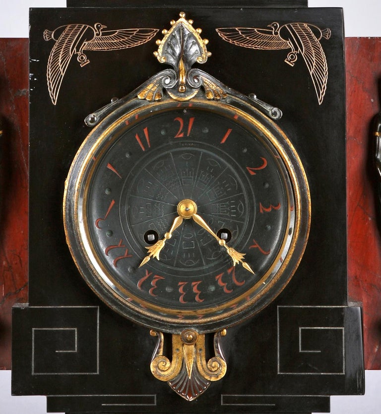 French Neo-Egyptian Marble & Bronze Clock by E. Hébert & G. Servant, France, Circa 1867 For Sale