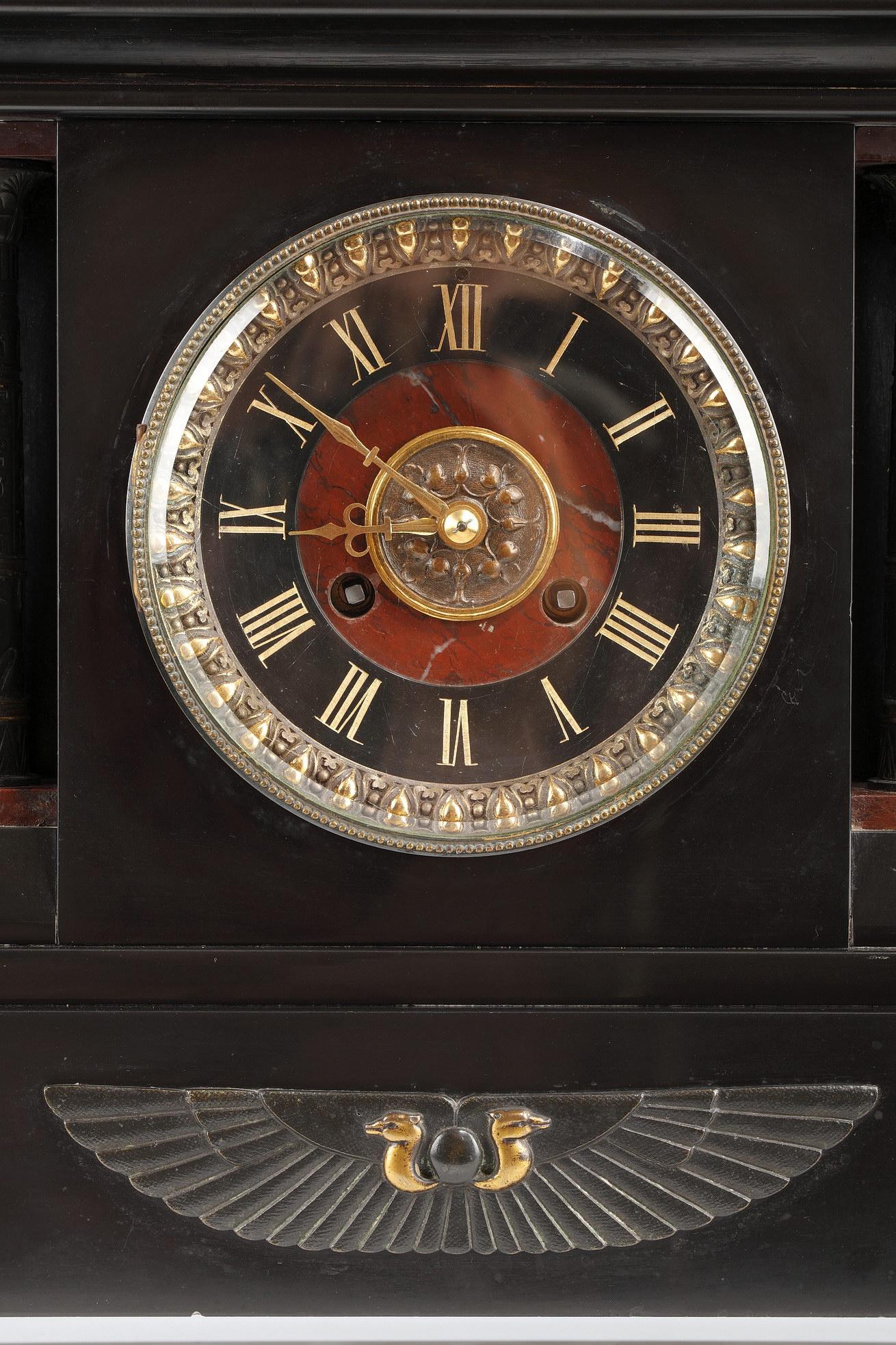 French Neo-Egyptian Bronze and Marble Clock Attributed to G.Servant, France, Circa 1870 For Sale