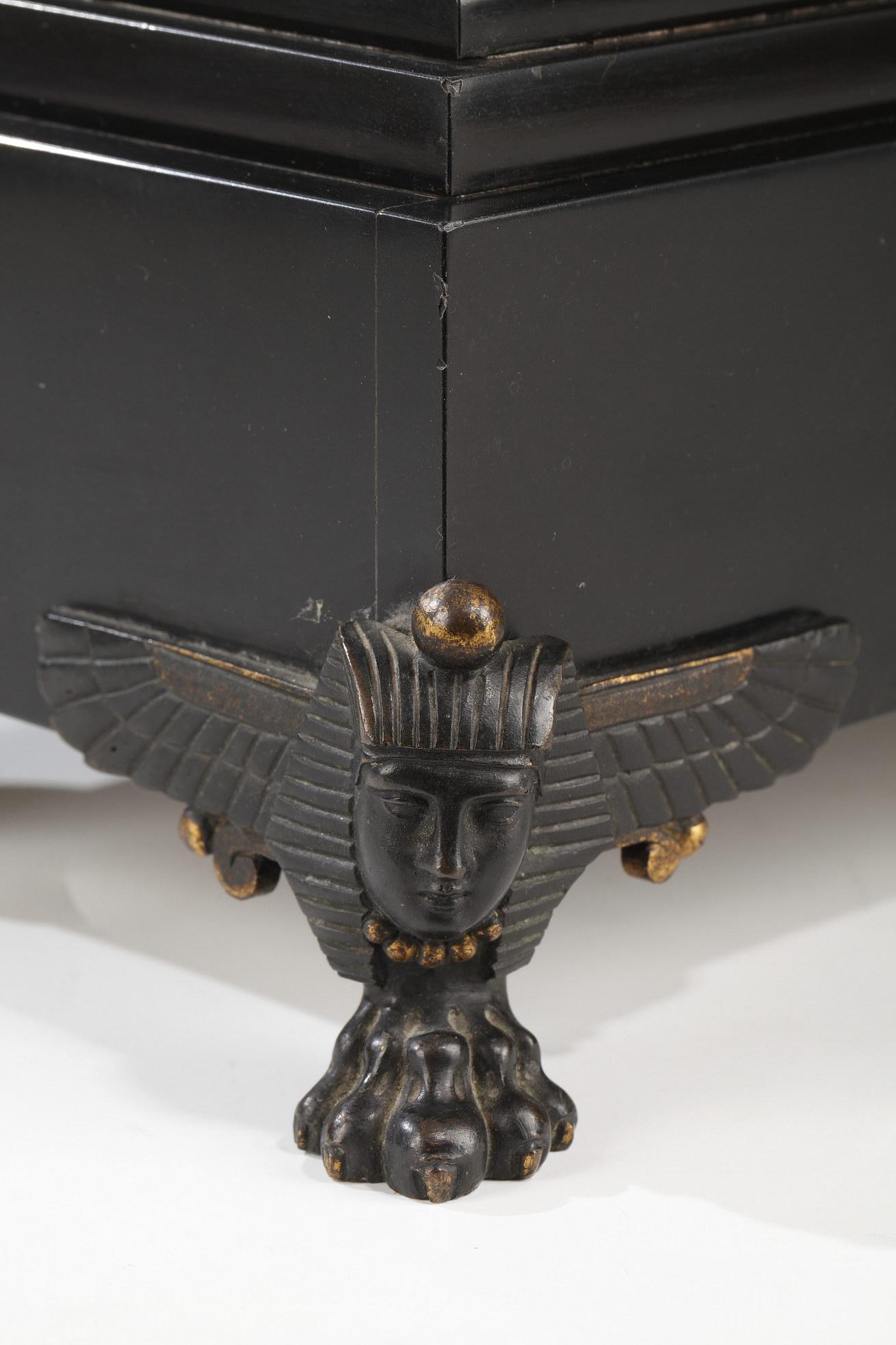 Patinated Neo-Egyptian Bronze and Marble Clock Attributed to G.Servant, France, Circa 1870 For Sale