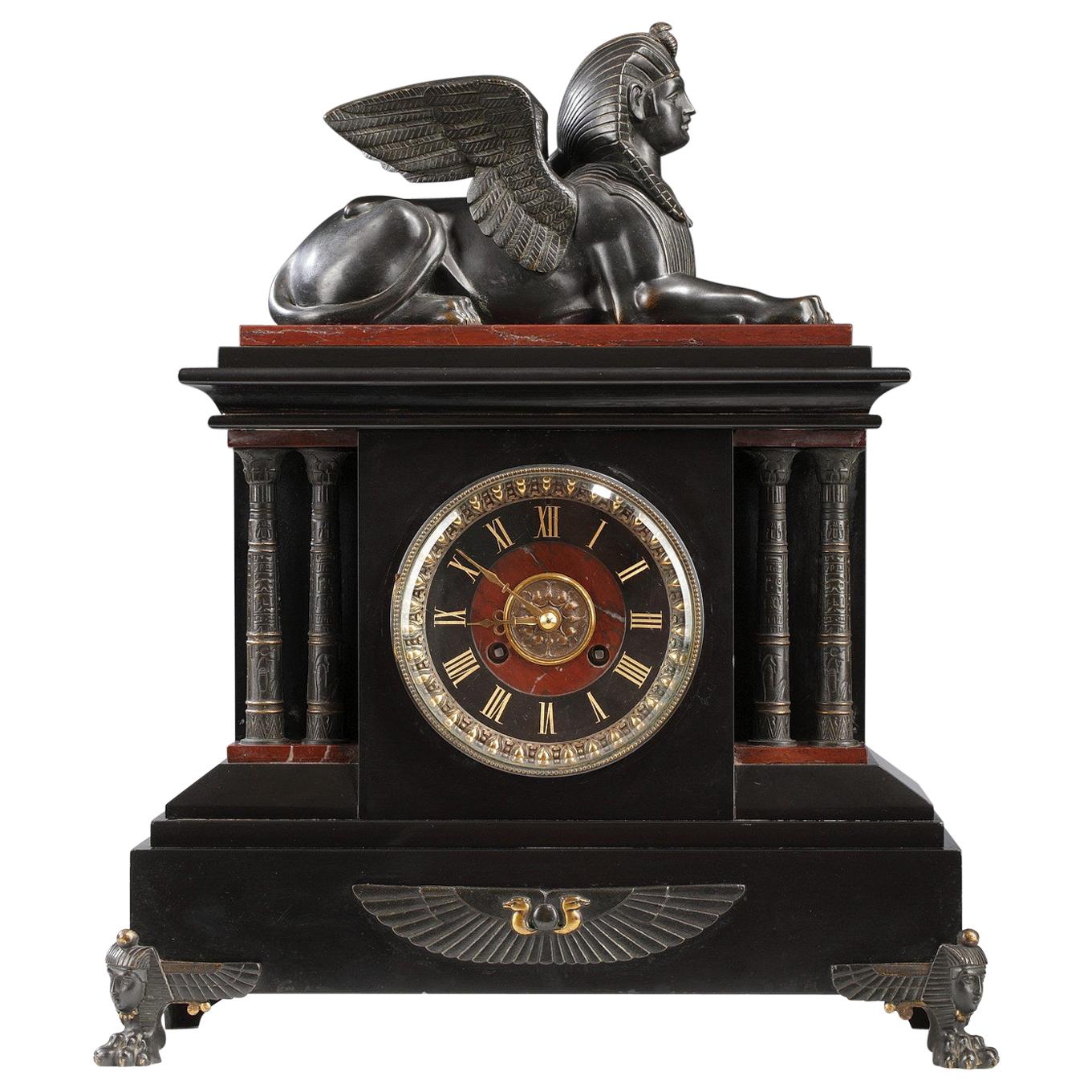 Neo-Egyptian Bronze and Marble Clock Attributed to G.Servant, France, Circa 1870