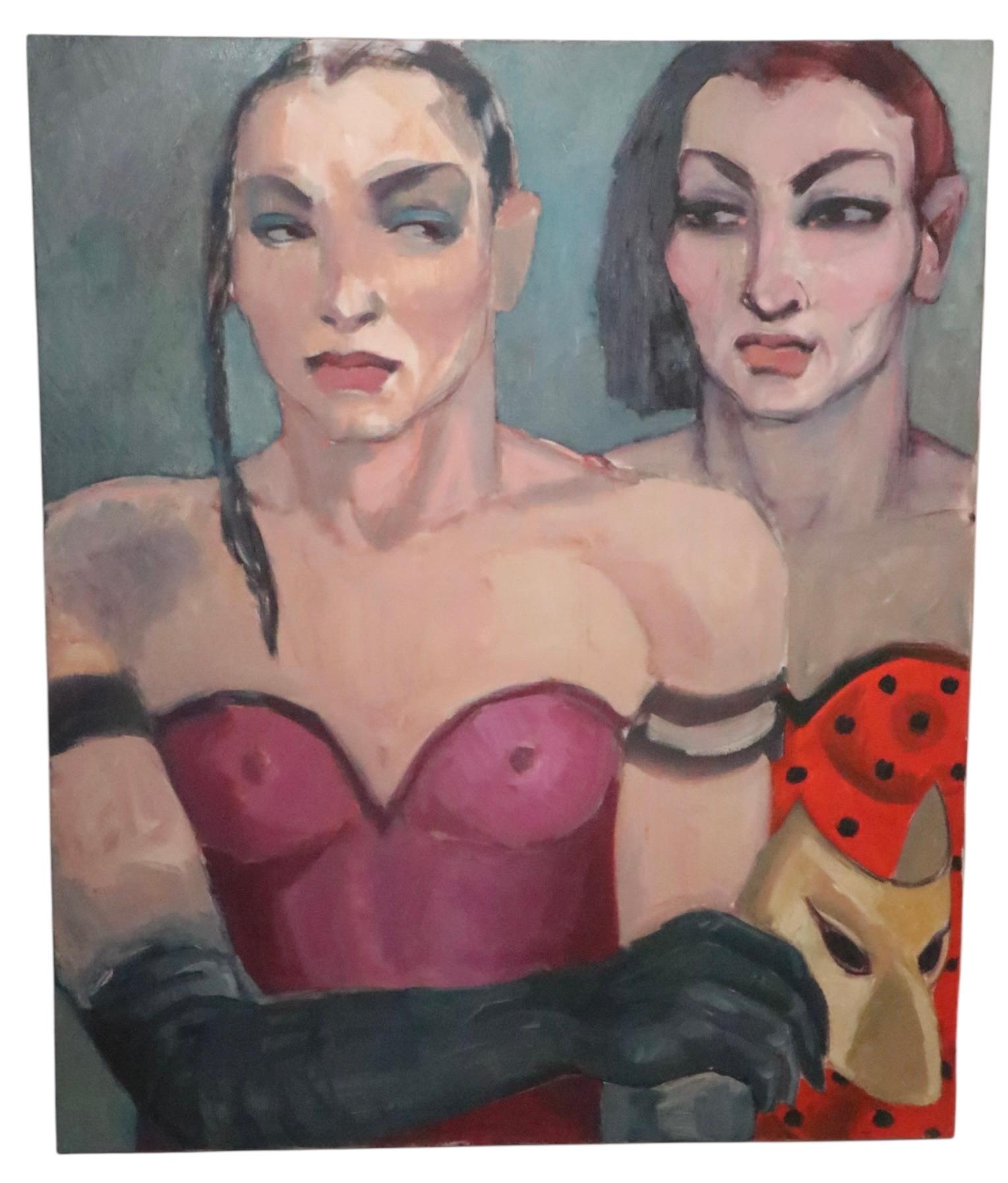Olio neo-espressionista su tela raffigurante due uomini in costume di Manuel Pardo del 1980 3
