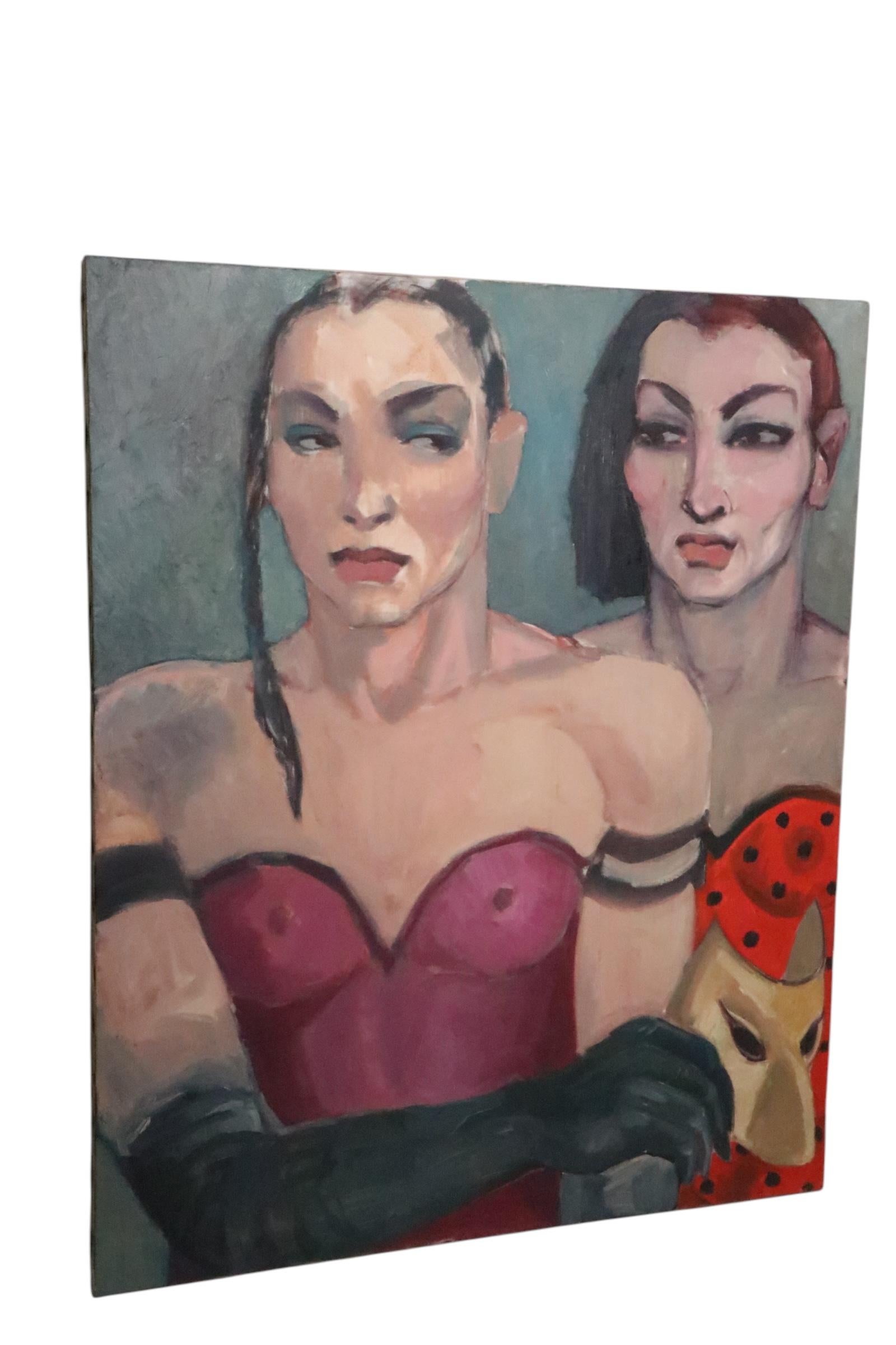 Espressionista Olio neo-espressionista su tela raffigurante due uomini in costume di Manuel Pardo del 1980