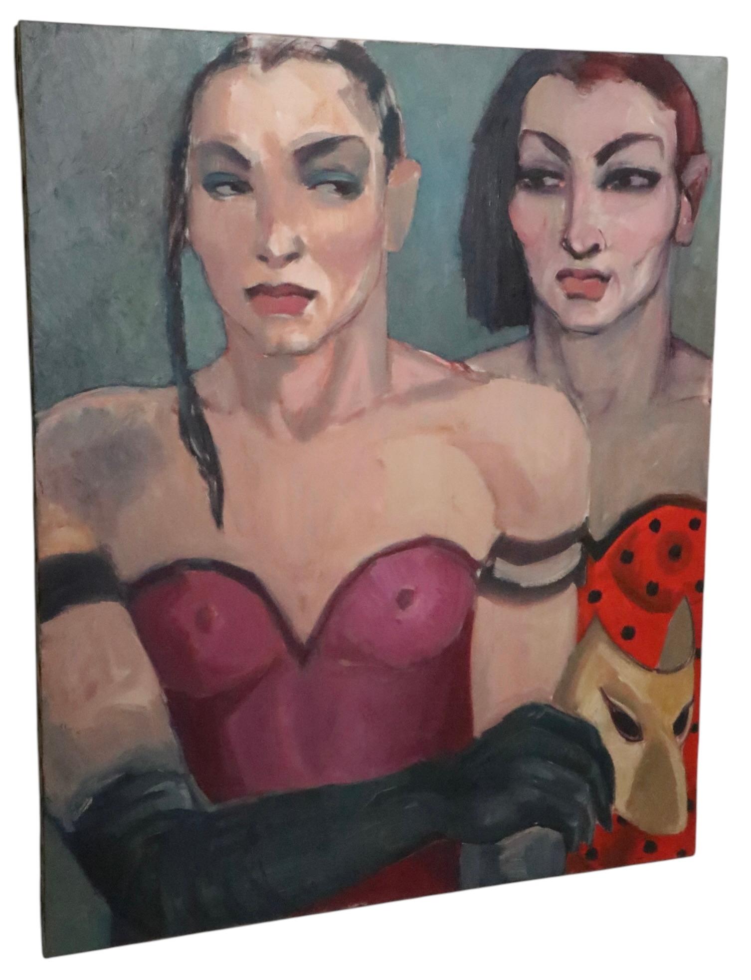 XX secolo Olio neo-espressionista su tela raffigurante due uomini in costume di Manuel Pardo del 1980
