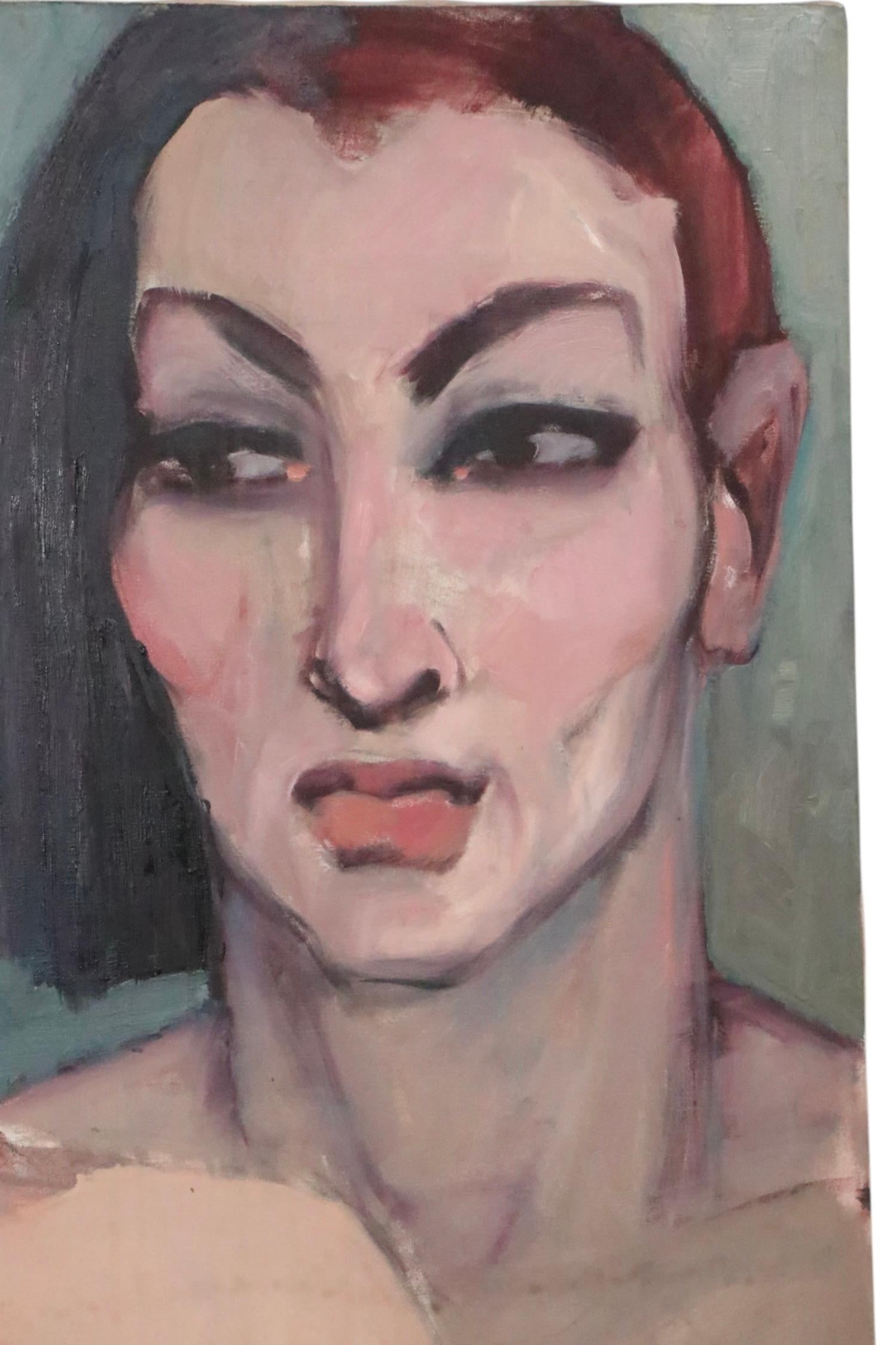 Olio neo-espressionista su tela raffigurante due uomini in costume di Manuel Pardo del 1980 1
