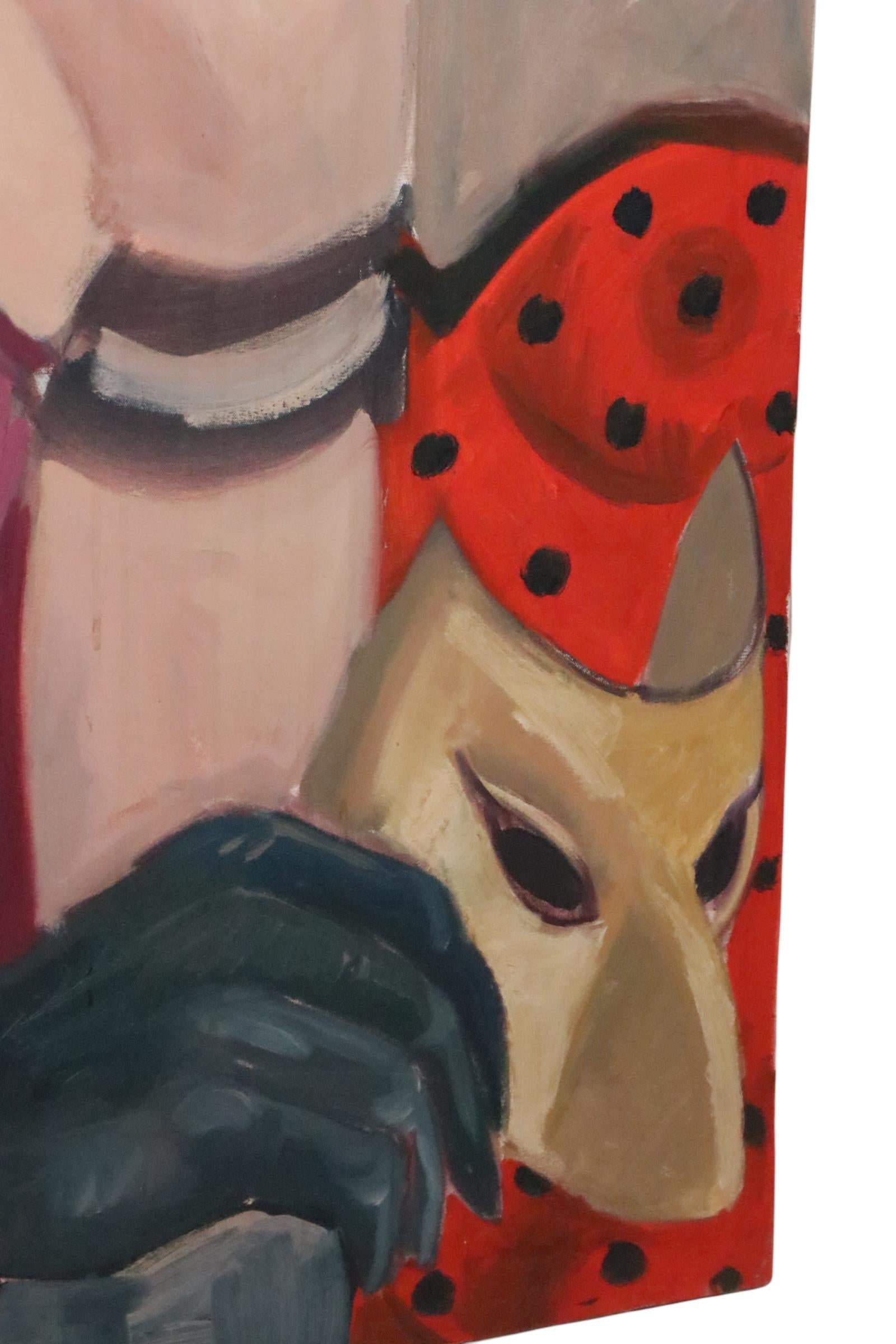 Olio neo-espressionista su tela raffigurante due uomini in costume di Manuel Pardo del 1980 2